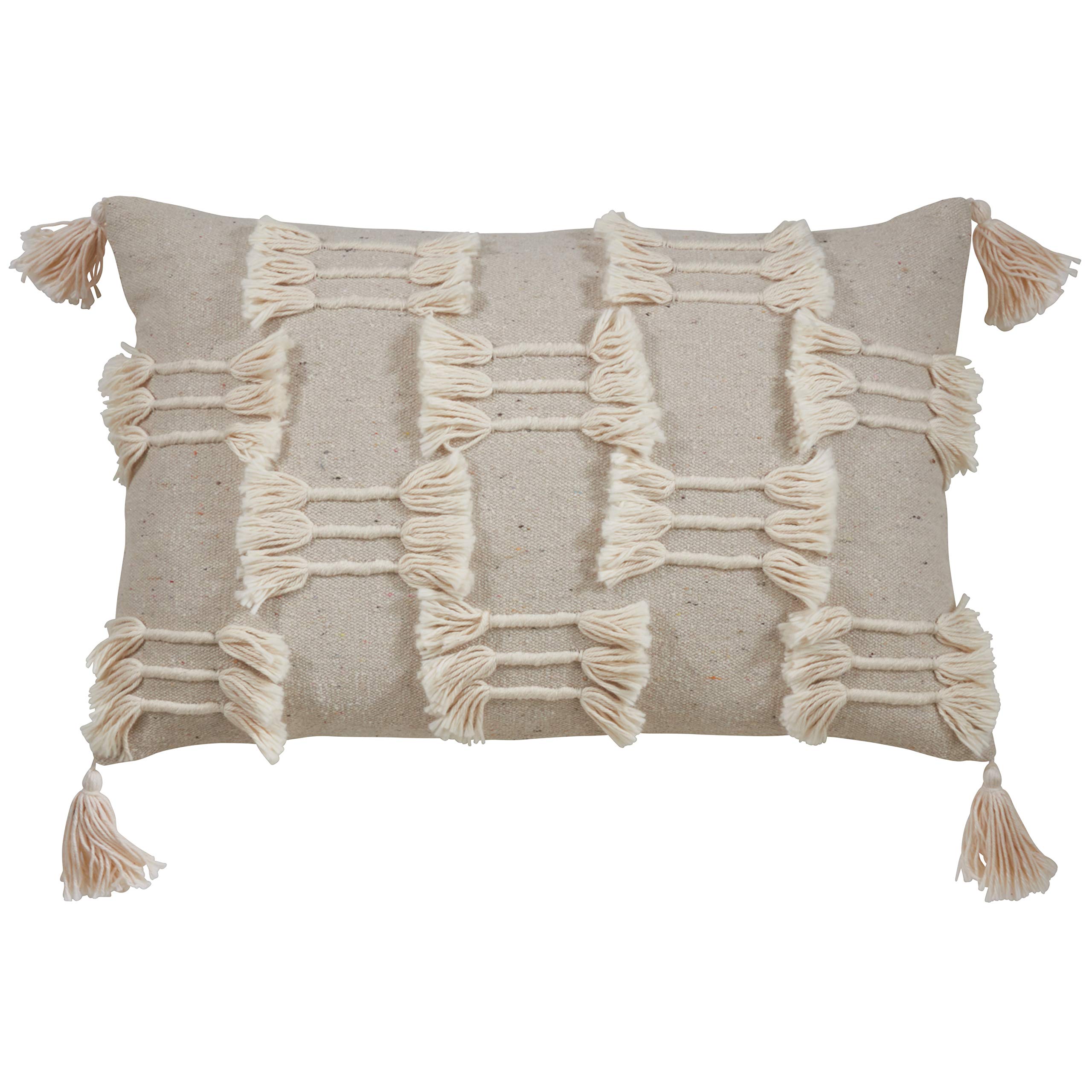 SARO LIFESTYLE Trois Lignes Collection Tri-Line Frayed Throw Pillow Cover, 14" x 23", Natural