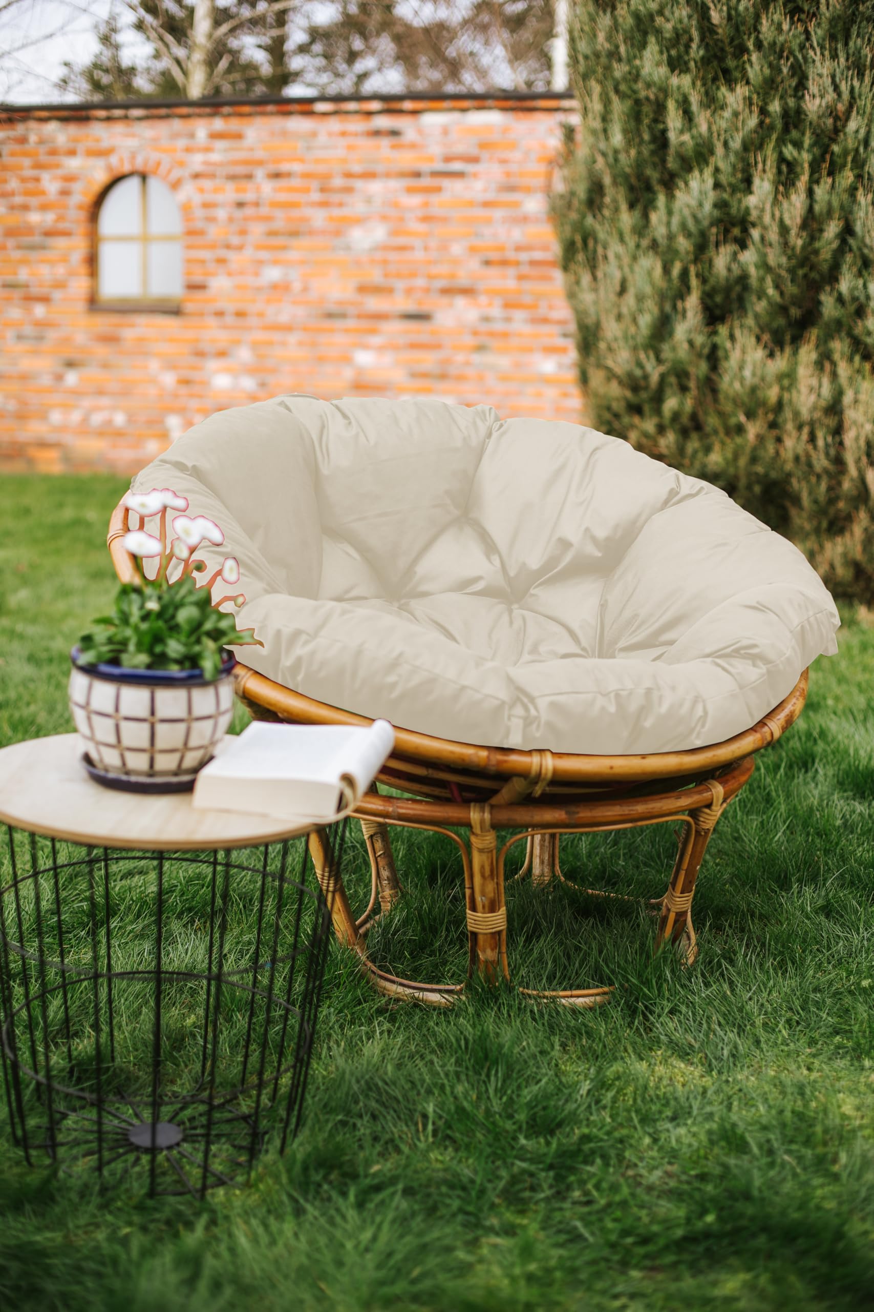 chilly pilley Coussin Rond Impermeable pour Papasan Fauteuil en Rougein Coussin De Fauteuil Jardin Coussin De Siège Matelassé avec Boucles (60cm, Crème)