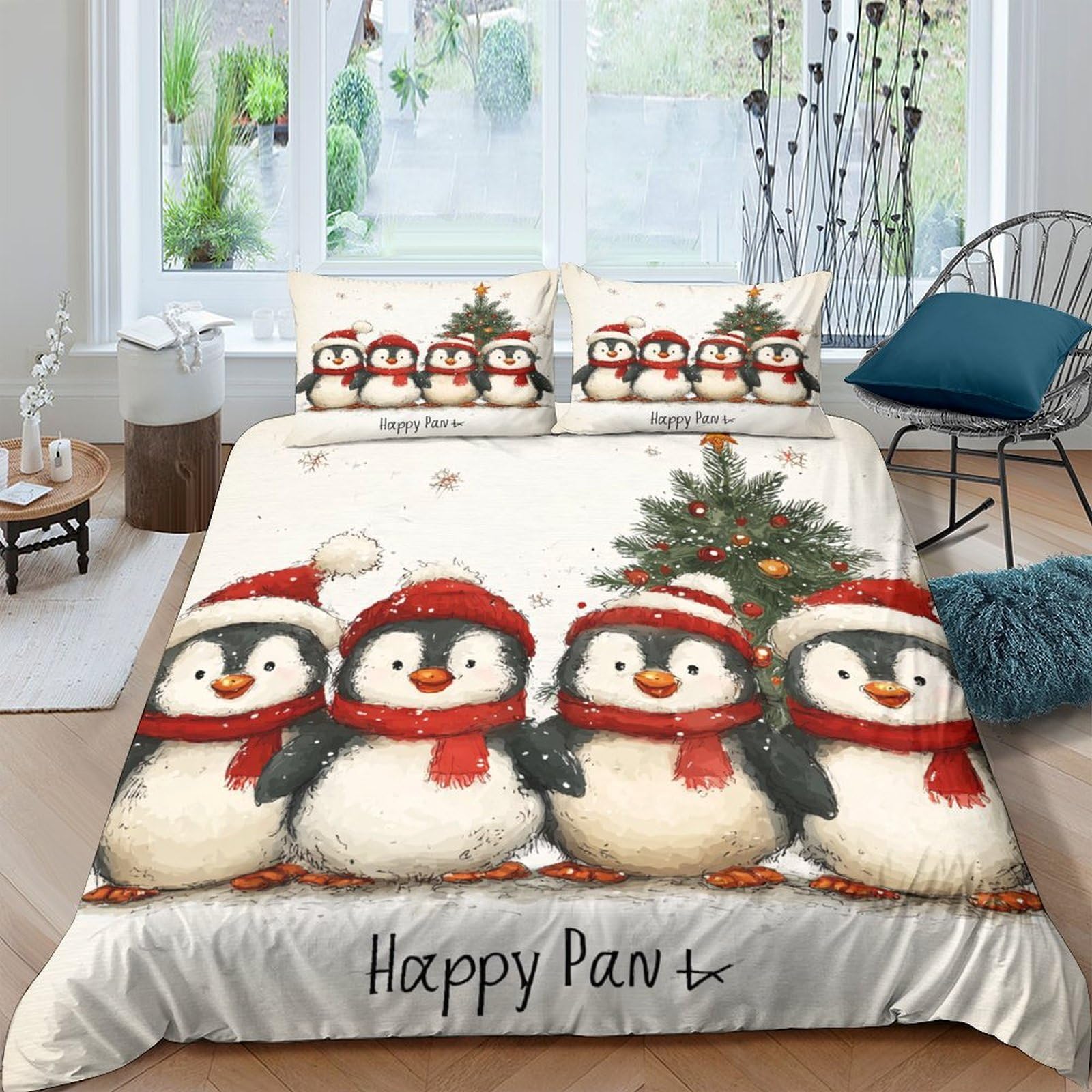 GPLZQXKJNH 3D Printed Christmas Penguin Duvet Cover Set Microfiber Soft Cozy Cartoon Tree Bedding Set with 2 Pillowcases for Bedroom Décor Single（135x200cm）