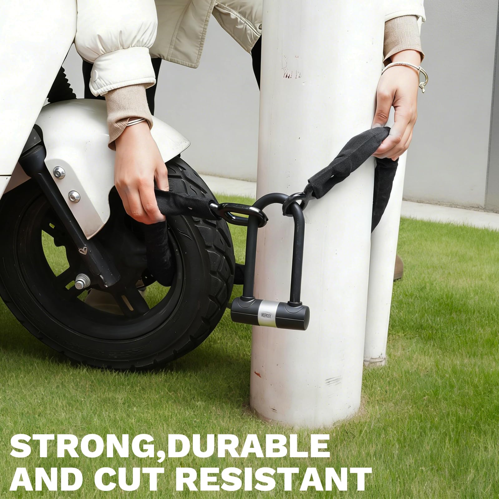 Lucchetto a catena per bicicletta in acciaio temprato da 8 mm, lunghezza 110 cm, con set di serratura ad arco, alta sicurezza, lucchetto per e-bike, moto, ingresso cortile (8 x 1100 mm)