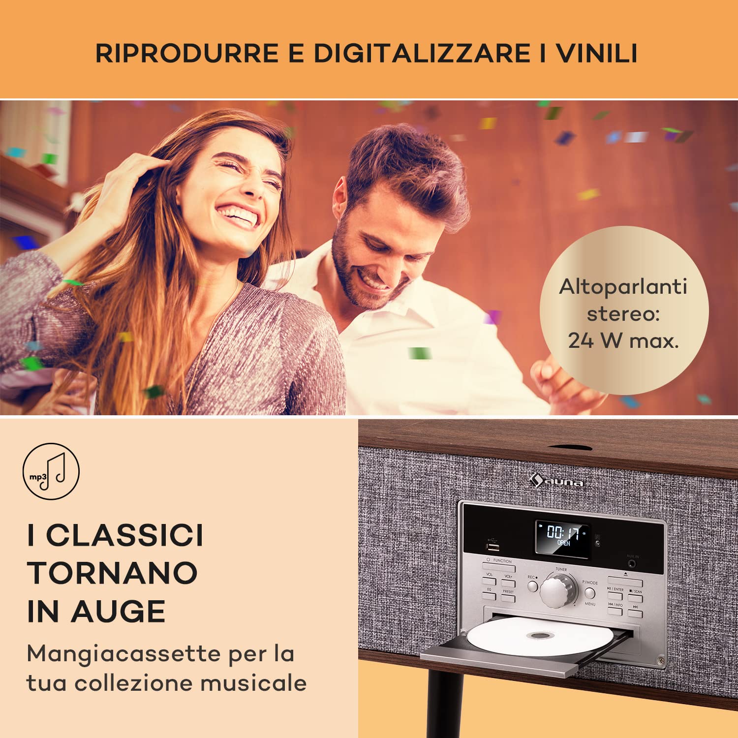Auna Giradischi Bluetooth per Dischi in Vinile MP3, Lettore Vinile a 3 Velocità, Giradischi Vinili Vintage con Casse Stereo e Telecomando, Gira Dischi per Vinile CD USB con Piedi e Radio DAB+/FM
