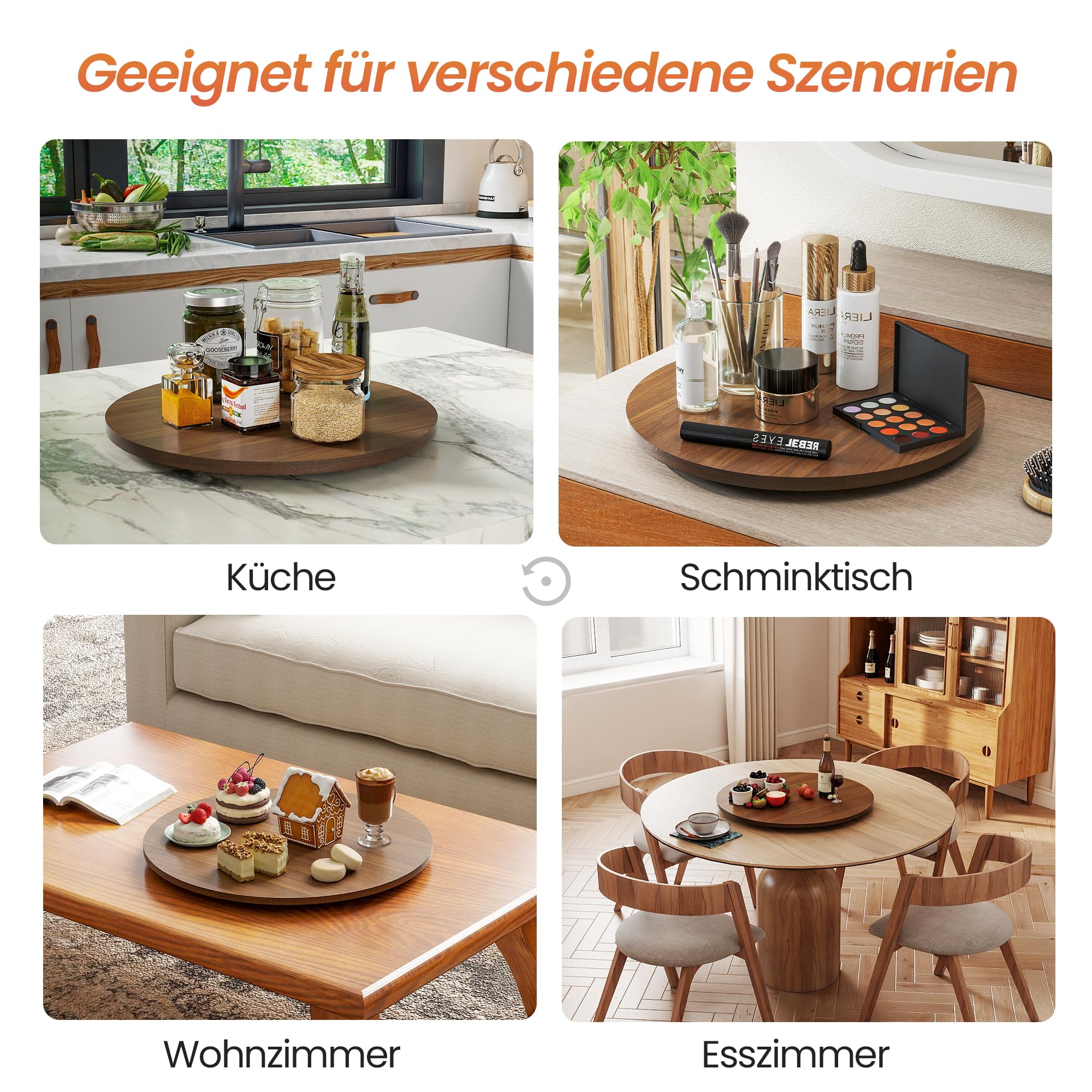 60 cm große Lazy Susan aus Nussbaumholz – Massivholz-Drehtablett für Käse-, Dessert-, Kuchen-, Snack- und Obstplatten – Drehservice für Esstisch, Küchenarbeitsfläche und Partybuffet