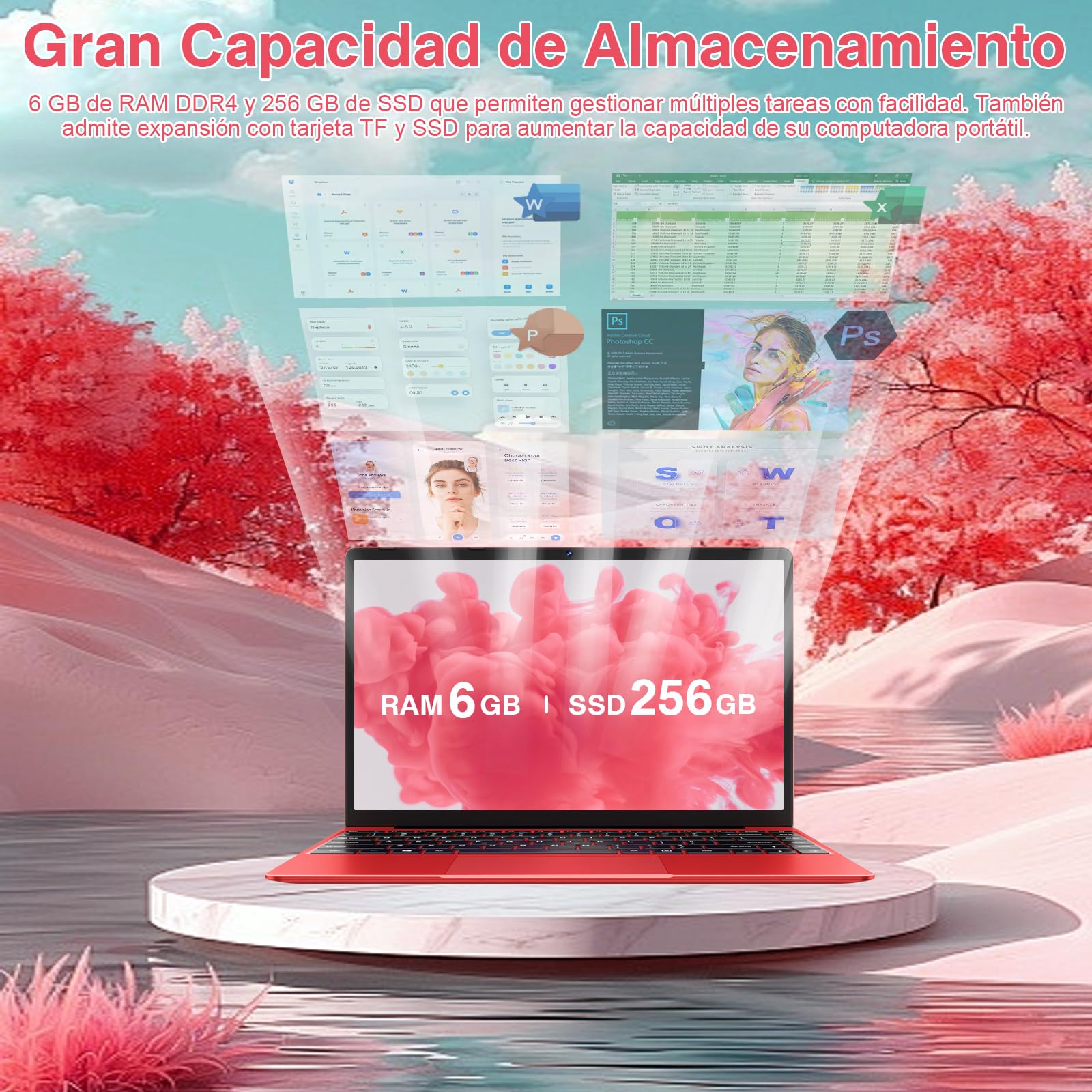 2026 Ordenador Portátil 14",6GB+256GB SSD Celeron N4020(hasta 2.8Ghz) Win 11 PC 1080P FHD WiFi 5G BT 4.2 Soporta 1TB SSD Expansión con Ratón Inalámbrico para Trabajo-Estudio-Aprendizaje , USBx 2-Rojo