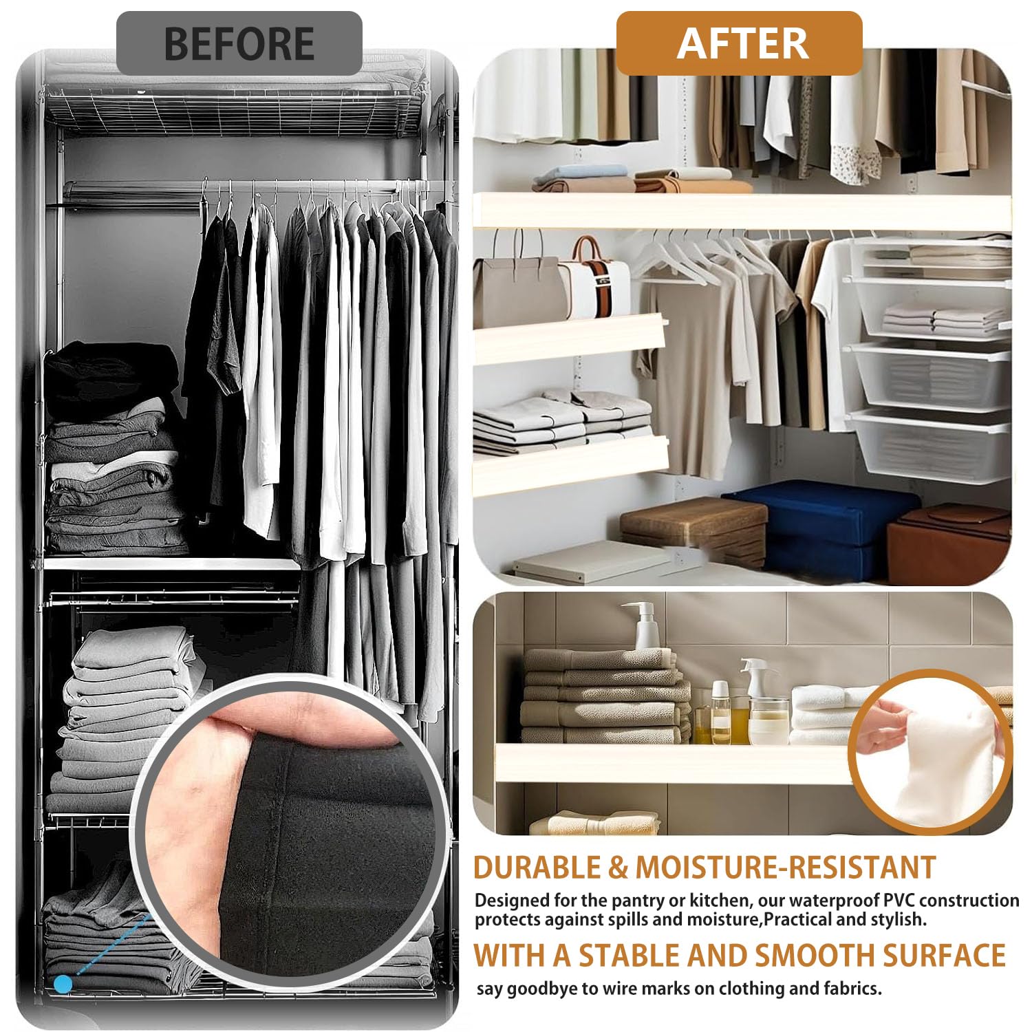 Wire Shelf Covers Set of 4, 36x12x3 in, Durable PVC Shelf Cover for Wire Shelving Pantry, Kitchen Faux Wood Rack Covers, Moisture-Resistant & Easy-to-Clean Organizer Liners, White