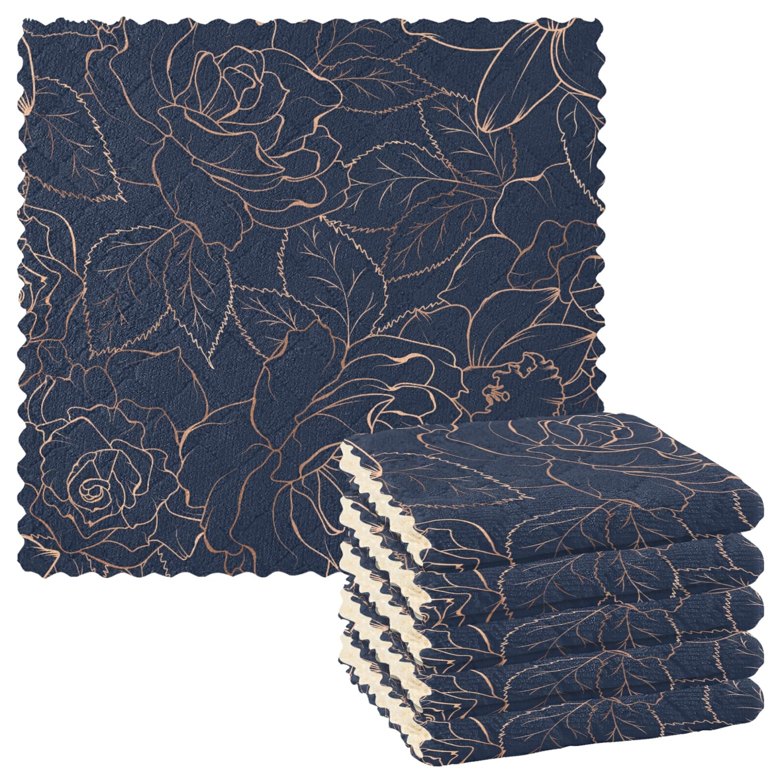 Poeticcity Multi 17 Copper-Gold Shiny Outline Rose Peony Flowers Leaves On Dark Navy Blue 6 Set Kitchen Dish Towels, Washcloths Cleaning Cloths Dish Cloths, Absorbent Towels Lint Free Bar Tea Soft Waffle Towel 11"X11"