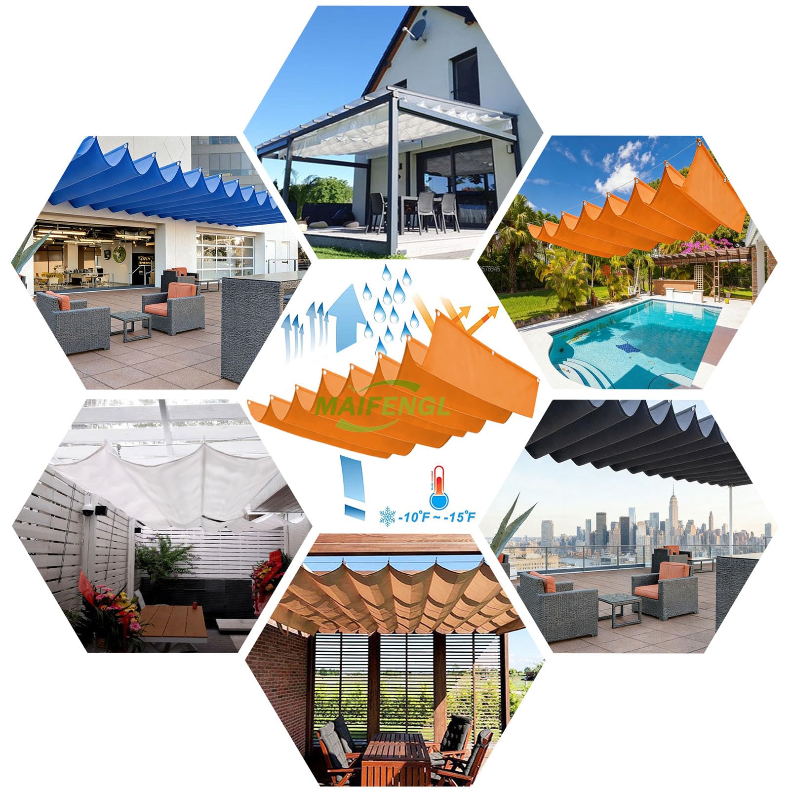 Einziehbares Welle Sonnensegel, Pergola Markise Verstellbar Schattenabdeckung mit Ösen und Kordel, UV-Schutz Wasserdicht Markise für Garten Pergola Balkon Terrasse-Orange||100x850cm