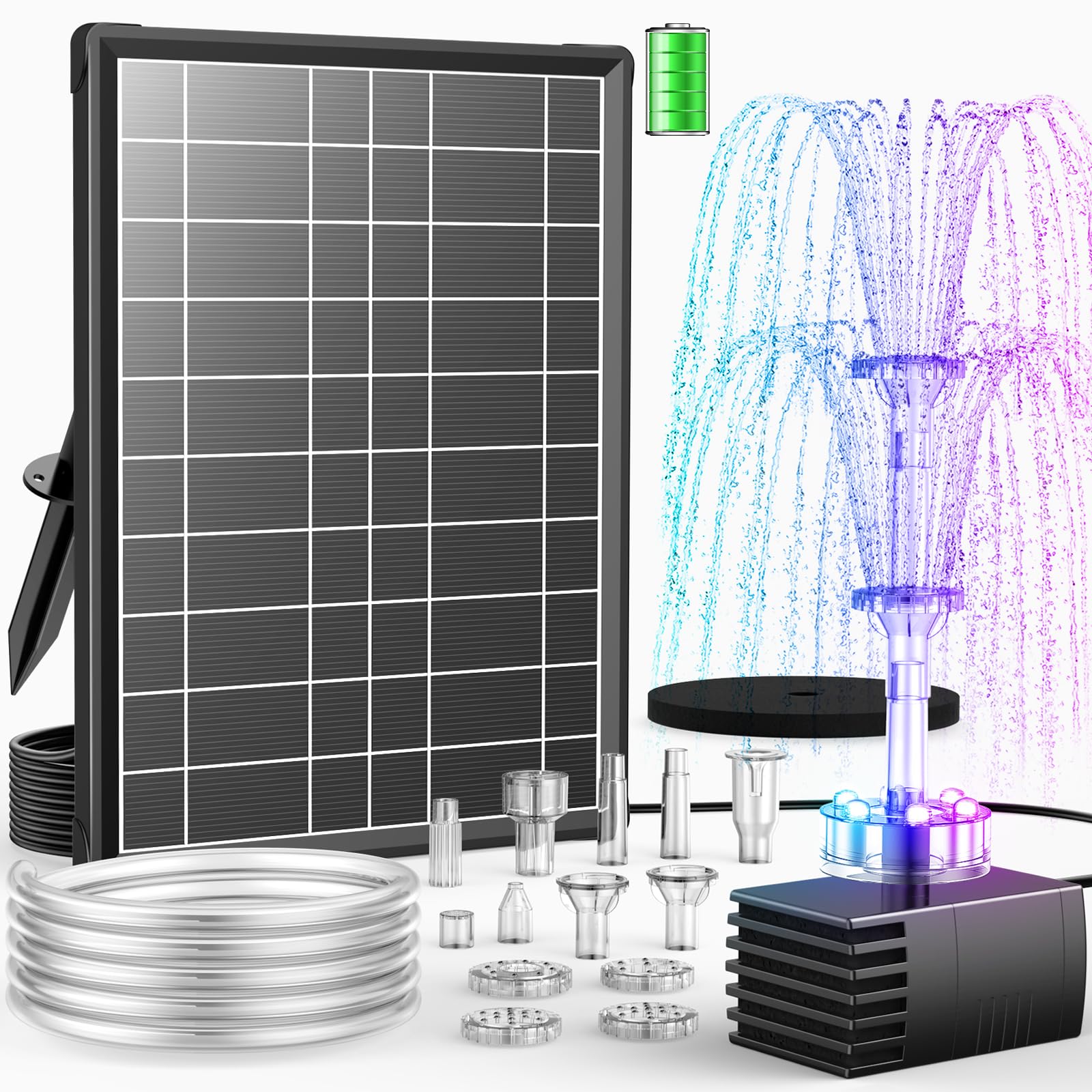 Photo 1 of Antfraer 8W Solar Fountain Pump Built-in 3600mAh Battery & LED Lights, Solar Powered Water Pump with Double-Layer Nozzle & 5ft Tubing, Solar Water Fountain For Bird Bath Pond Garden DIY Water Features