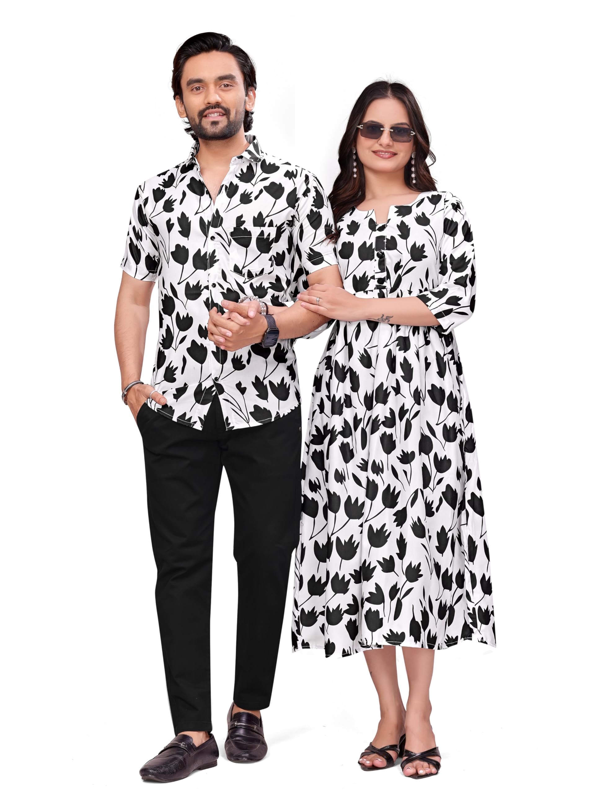Couple Matching Outfit Set for Men & Women Floral Printed Shirt and Anarkali Kurti Combo for Anniversary Birthday Wedding Party Goa Vacation Dress Code-picture-50