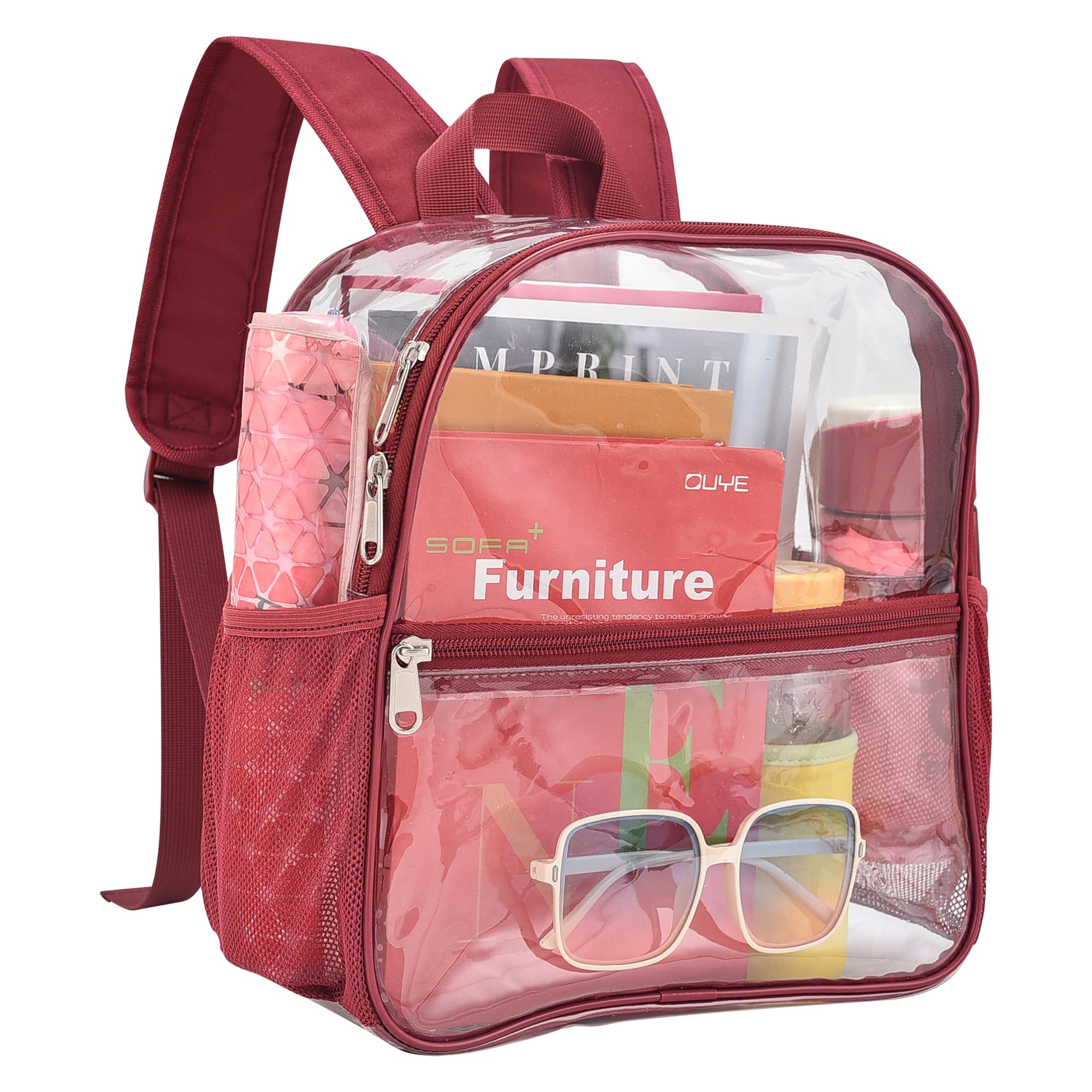 Busiuw Clear Backpack for Stadium Events 12x12x6 Mini Small Sports Fan Backpacks with Front Pocket for Concert Sport Events Work Travel(Rose red)