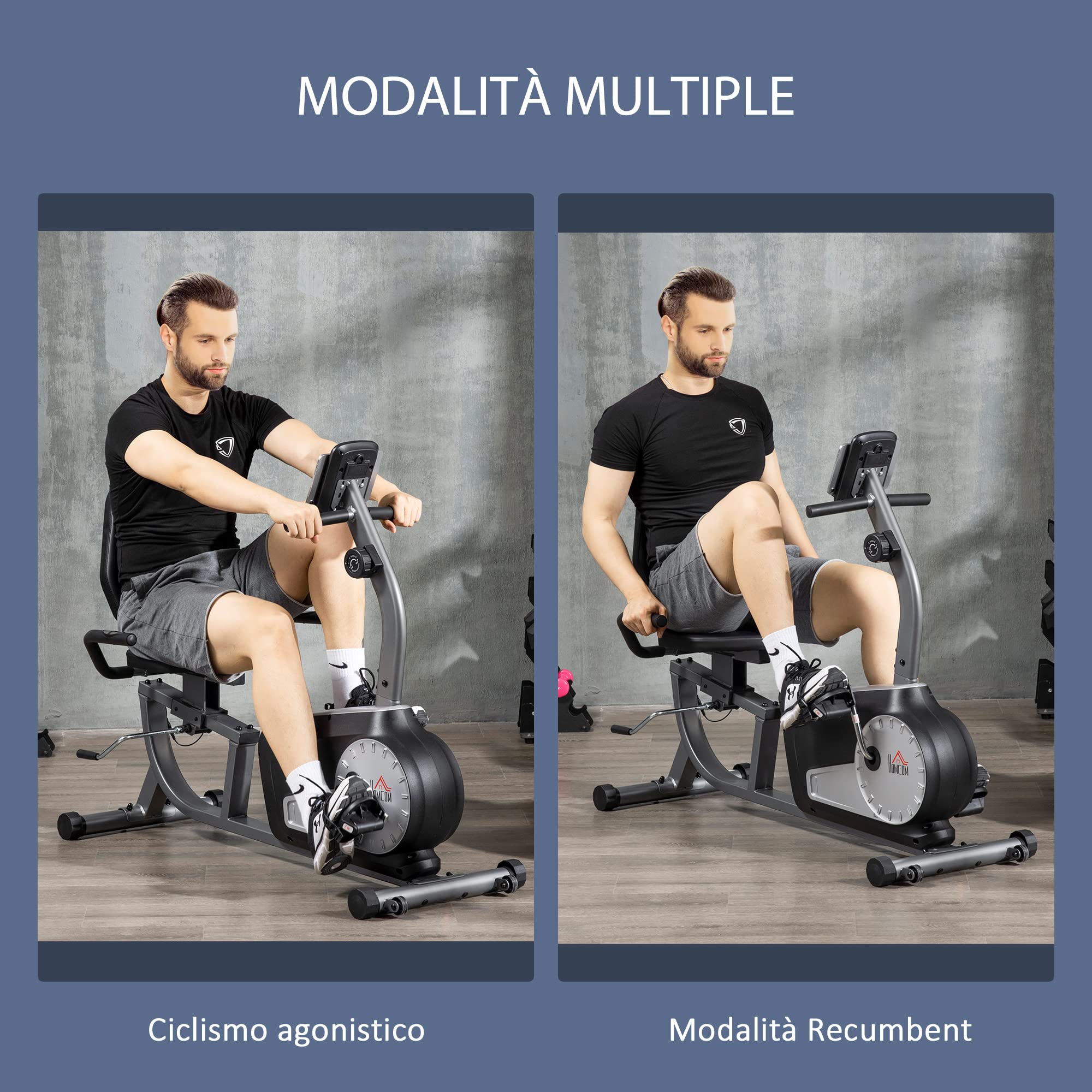 HOMCOM Cyclette da Casa con 8 Livelli di Resistenza, Cyclette Orizzontale Recumbent con Ruote, Monitor LCD e Seduta Regolabile, in Acciaio e ABS, per Home Gym Casa, 122-137x62x103cm