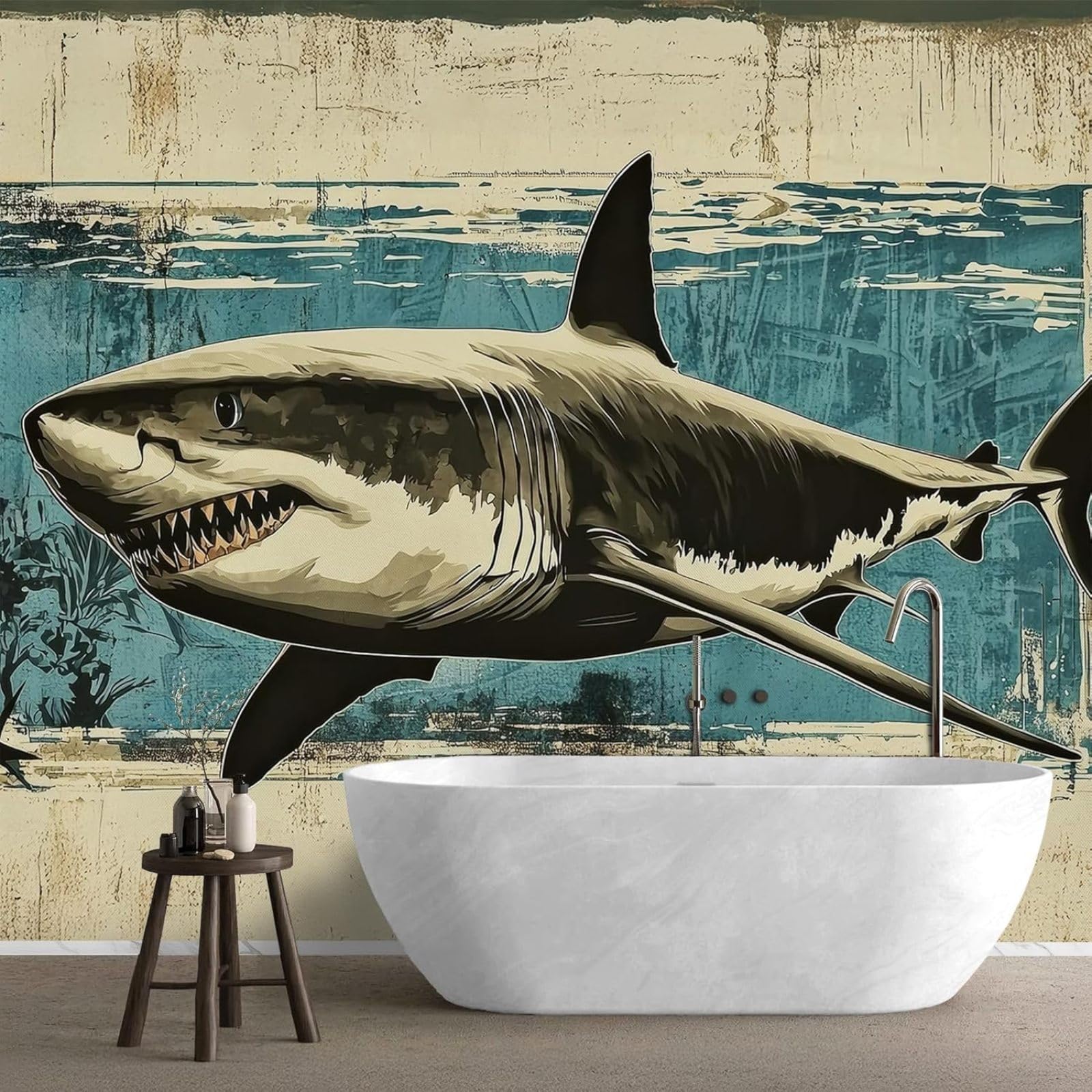 Fototapeta z motywem rekina, do pokoju dziecięcego, 3D, morskie stworzenia 3D, niebiesko-beżowa tapeta do salonu, dekoracja ścienna do pokoju dziecięcego, 300 cm x 210 cm