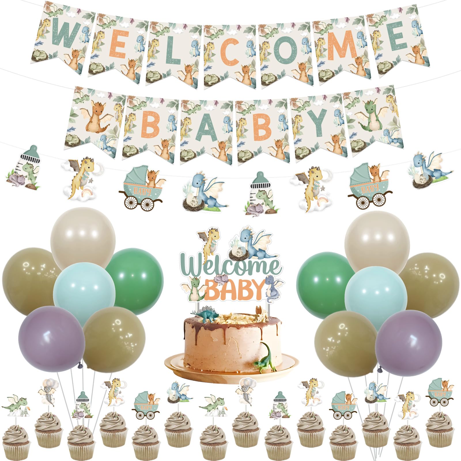 Sursurprise Dragon Baby Shower Decorations, Dragon Welcome Baby Banner Cake Topper Cupcake Toppers Balloons for Dragon Party Supplies