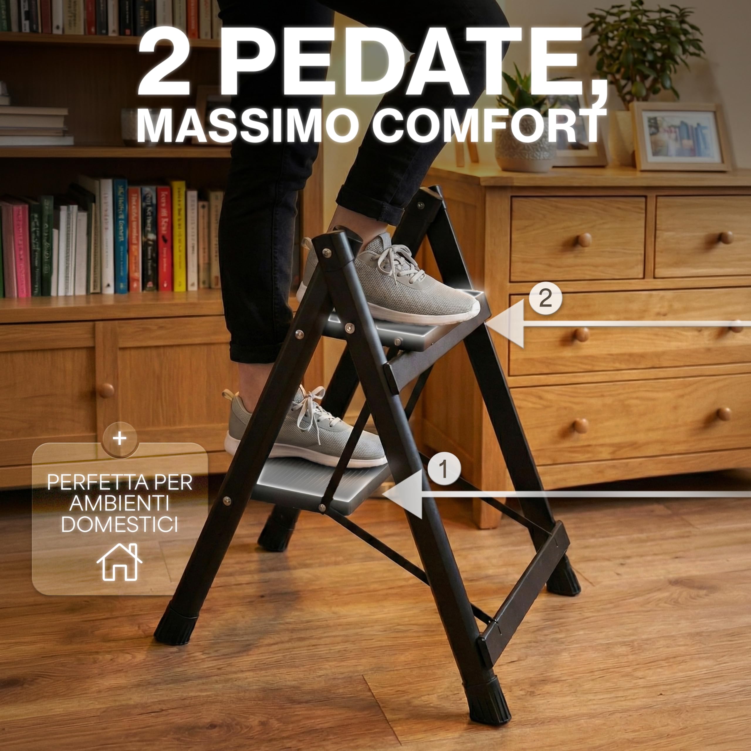Sgabello Pieghevole in Acciaio al Carbonio e PP Rinforzato – Portata fino a 500 kg – Superficie Antiscivolo e Design Salvaspazio