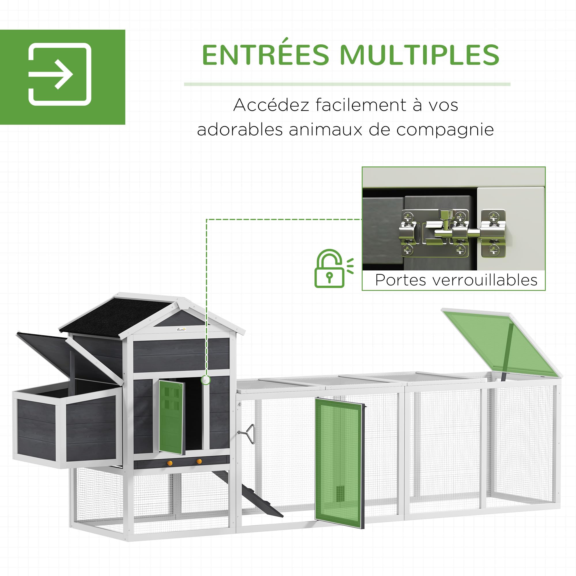 PawHut Poulailler en Bois avec Pondoir 3-6 Poulets Bois Massif Blanc | Poulailler pour Poules Extérieur, Niche Séparée, Plusieurs Portes, Bac Amovible
