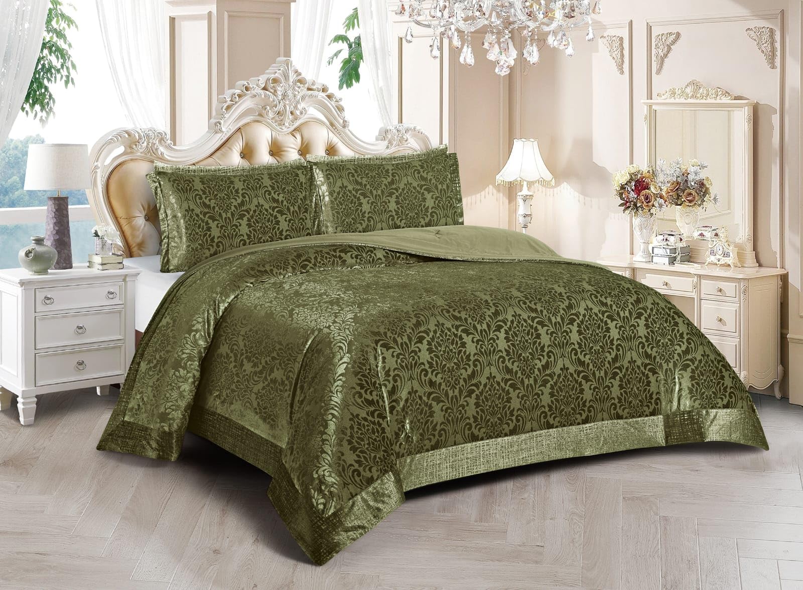 Mh Bedding Store ltd Luxury 3-Piece Quilted Bedspread/Comforter with Pillow Shams, Elegant Embossed Damask DesignBedding Set (Green, Super King)
