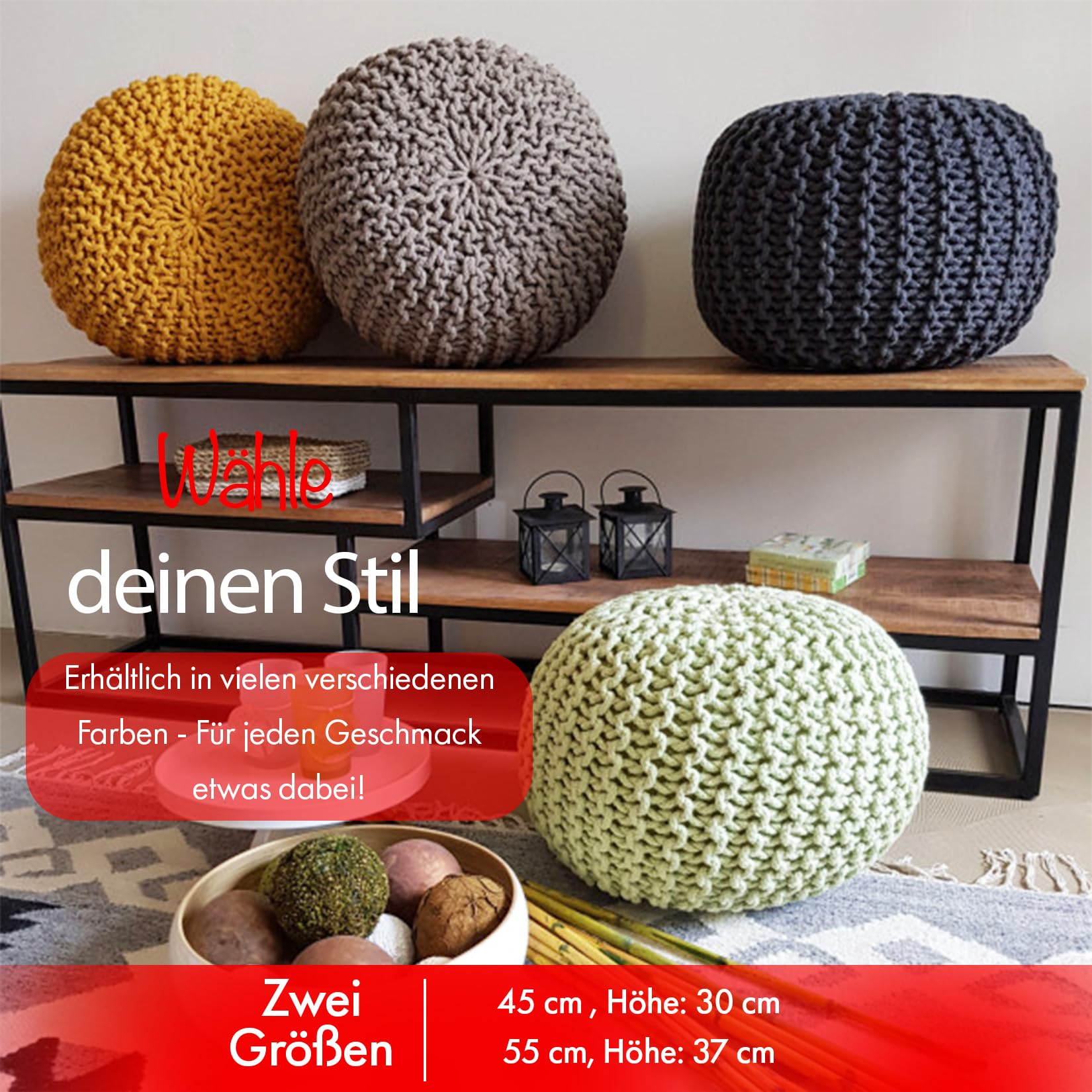handgefertigter Strickhocker Ø 55cm o. Ø 45cm I Sitzpouf Sitzpuff Bodenkissen Sessel Kissen Sitzhocker Sitzsack - mit eleganter Grobstrick-Optik - Dekoration Interieur (Taupe, Ø 55cm)