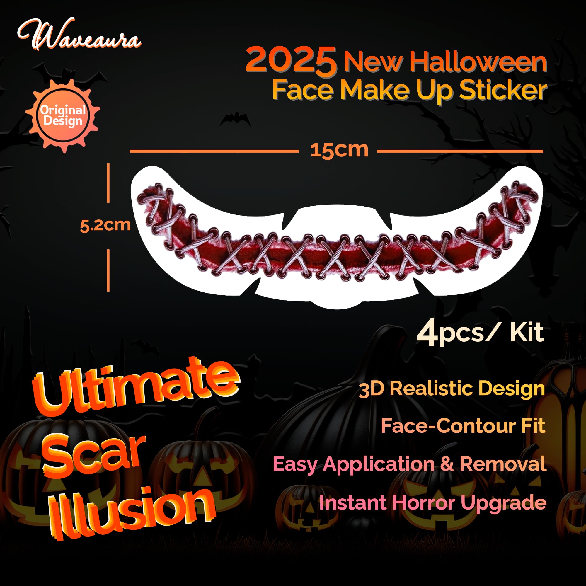 Waveaura Halloween Temporary Tattoos Stitched Wound Stickers New Face Scar Tattoos 4pcs for Adults Dia de Los Muertos Day of the Dead Face Tattoos Halloween Party Prank Cosplay Horror Makeup - Image 2