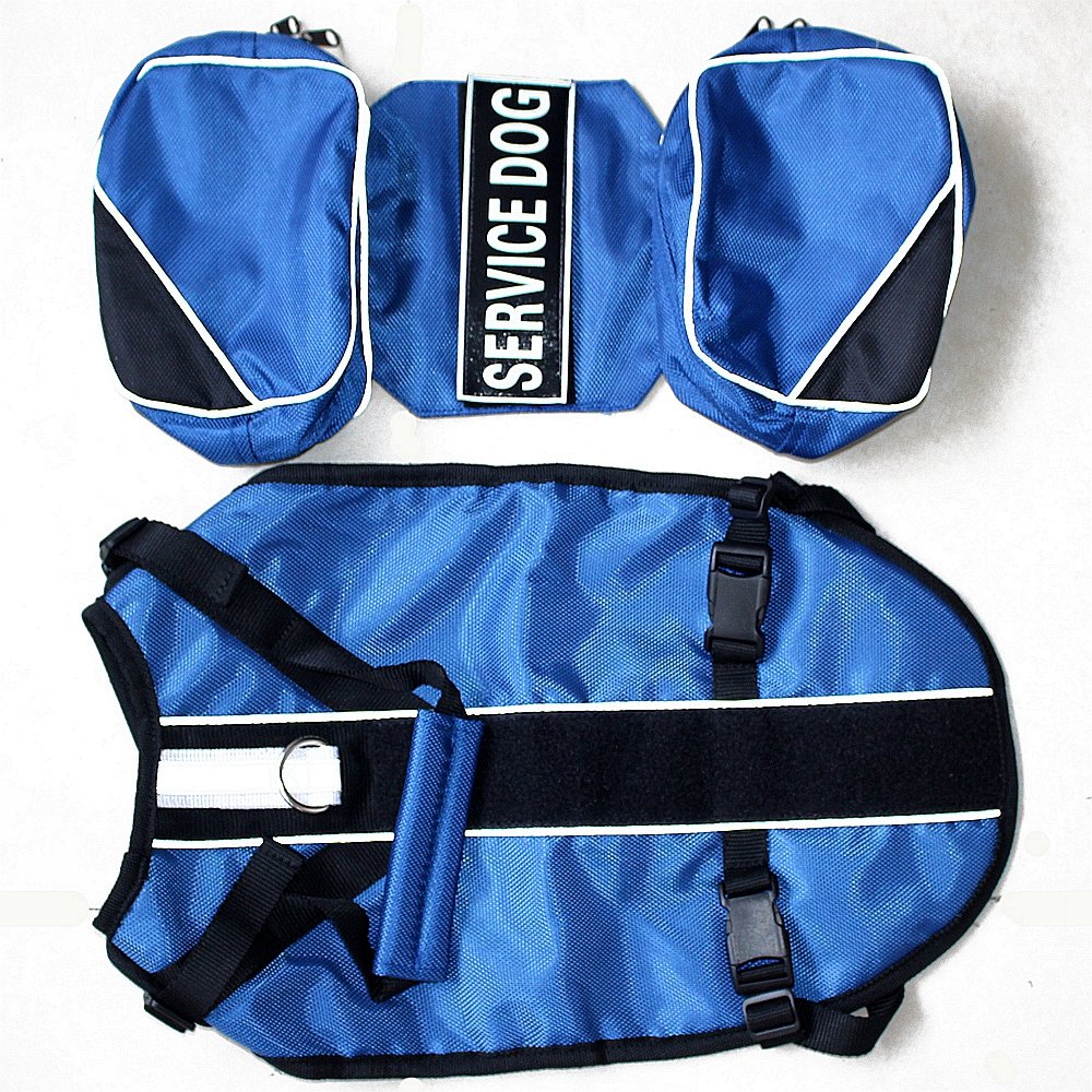 SERVICE DOG Rucksack mit abnehmbarem Geschirr mit Label-Patches (Größe L für Umfang von 66 bis 78,7 cm, blau)