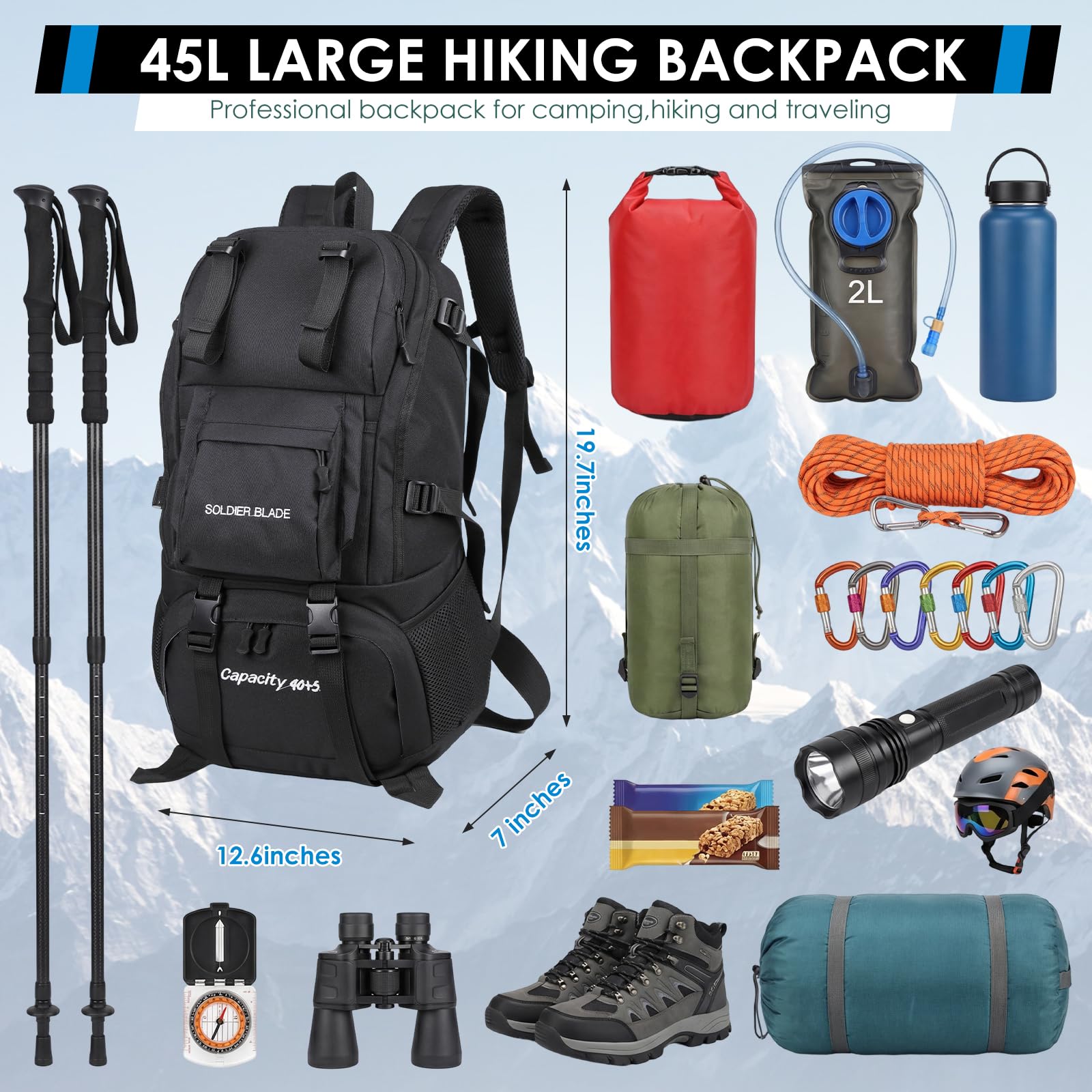 Plecak Turystyka 45L Mężczyźni Kobiety Wodoodporny Wytrzymały Plecak dzienny na Camping Kolarstwo Wspinaczka Górska Trekking Outdoor Sport