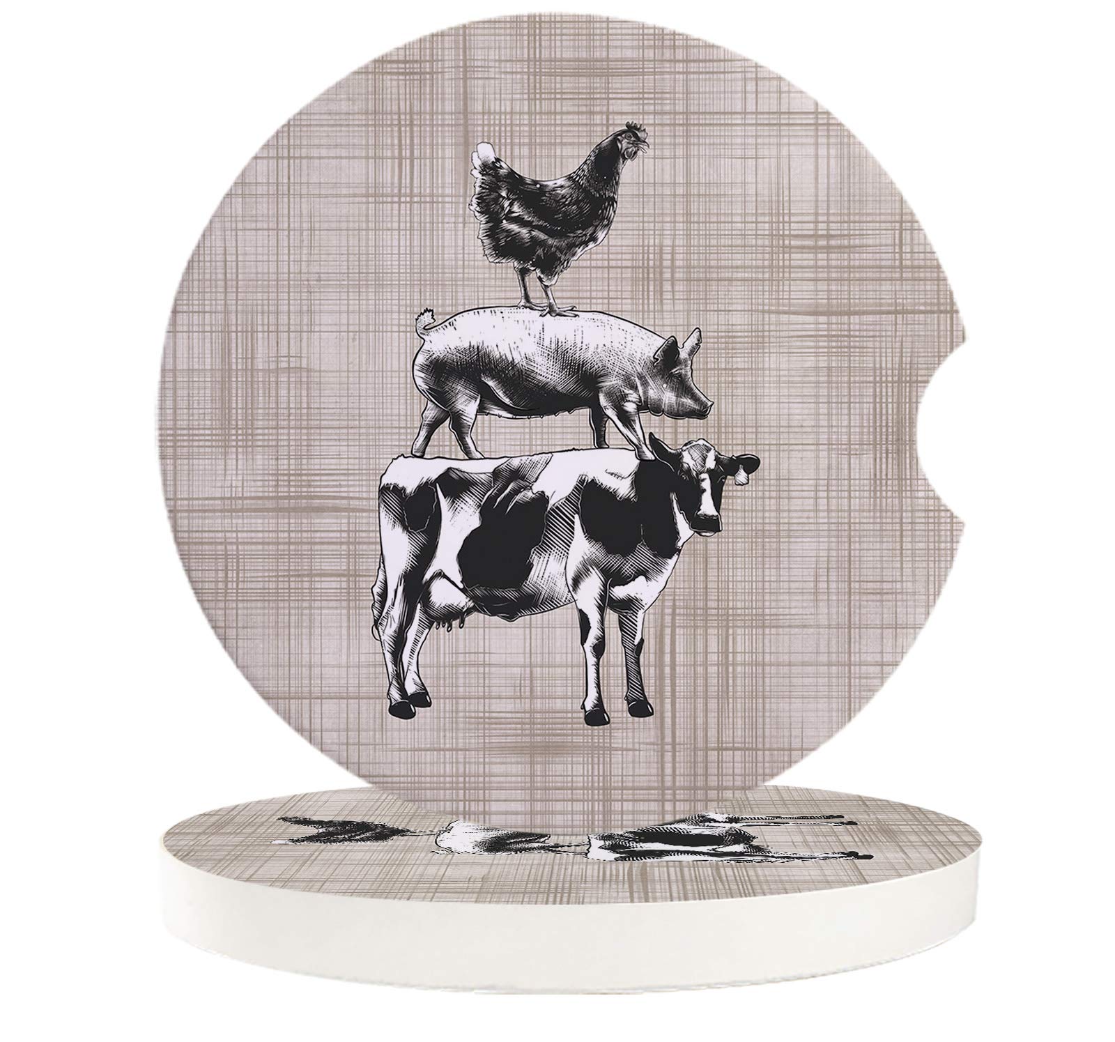 Car Coasters Absorbent Ceramic for Cup Holder Farm Rustic Animals Cow Pig Chicken On Vintage Background Anti Slip Cup Mat Set for All Cars Cup Holder Coasters for Cold Drink Set of 2