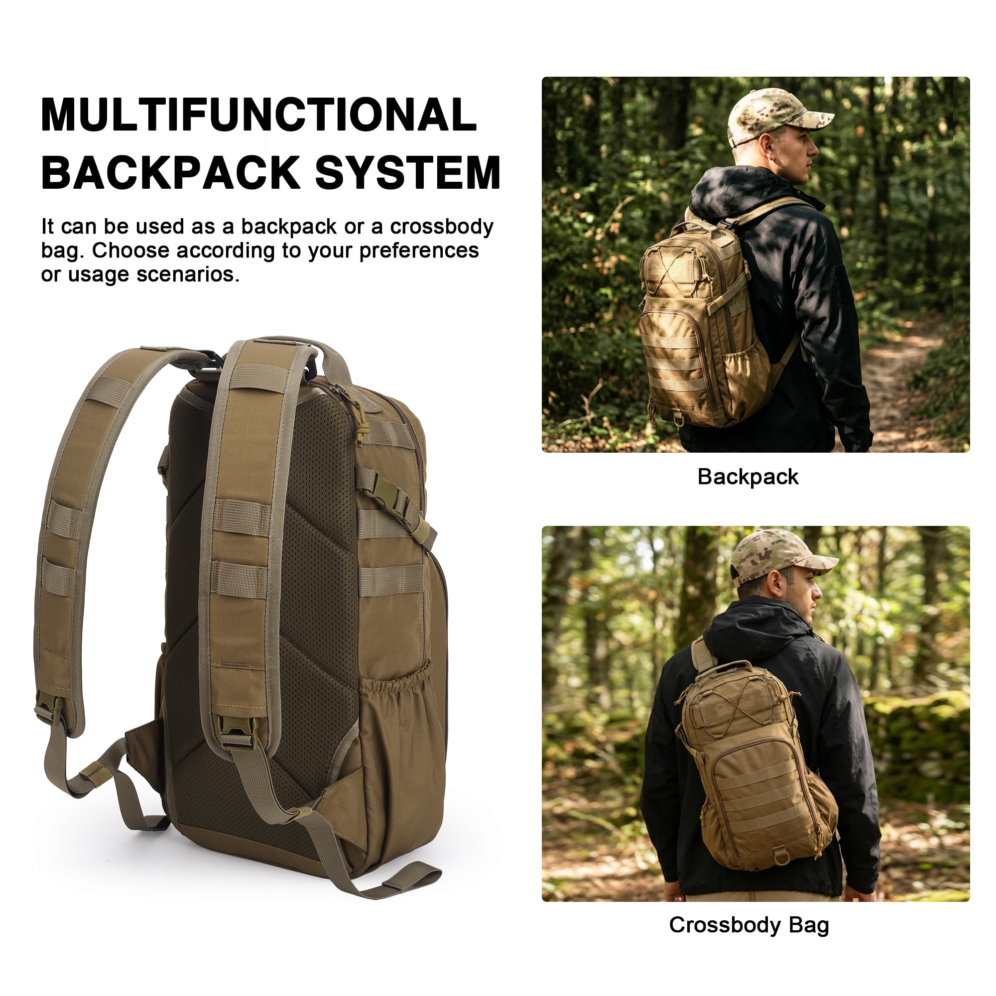 Mardingtop Plecak taktyczny męski 18 l/25 l, ze zdejmowanymi szelkami, Khaki 25L, 25L, Taktyczne