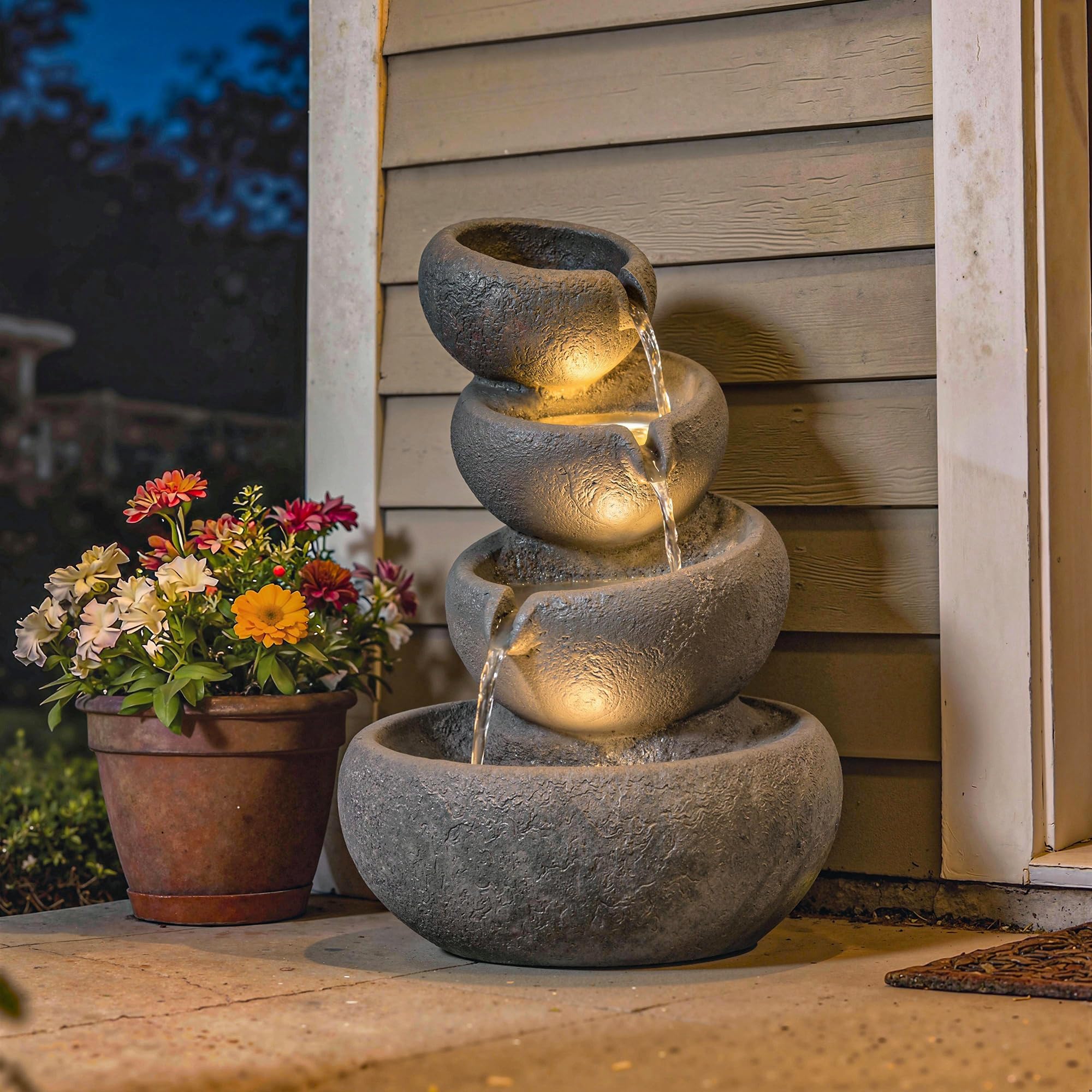 Outsunny Fuente de jardín al aire libre de resina sintética 4 etapas Jardín fuente con iluminación LED piedra aspecto decorativo agua ornamento para jardín terraza 35 x 32 x 50 cm