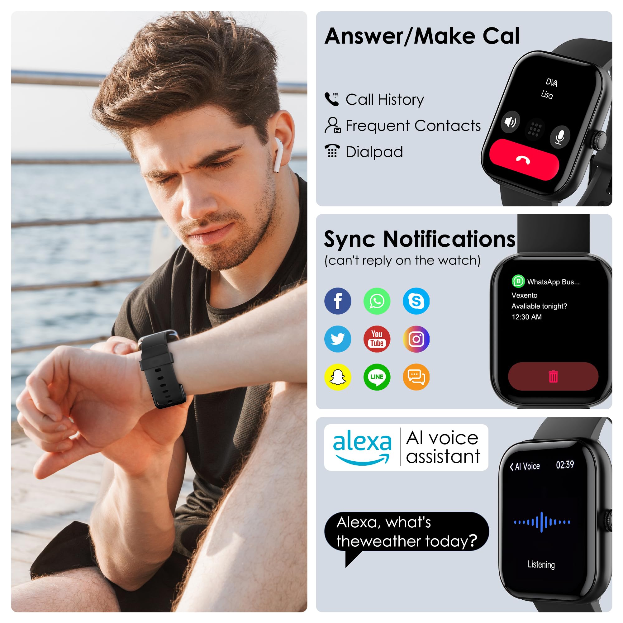 Smart Watch for Men Women, 100+ Sports Modes, Heart Rate/SpO2/Sleep Monitor, 1.91" Touch Screen, Bluetooth Calls, IP68 Waterproof Fitness Tracker, Alexa Built-in, iOS Android Compatible (Black)