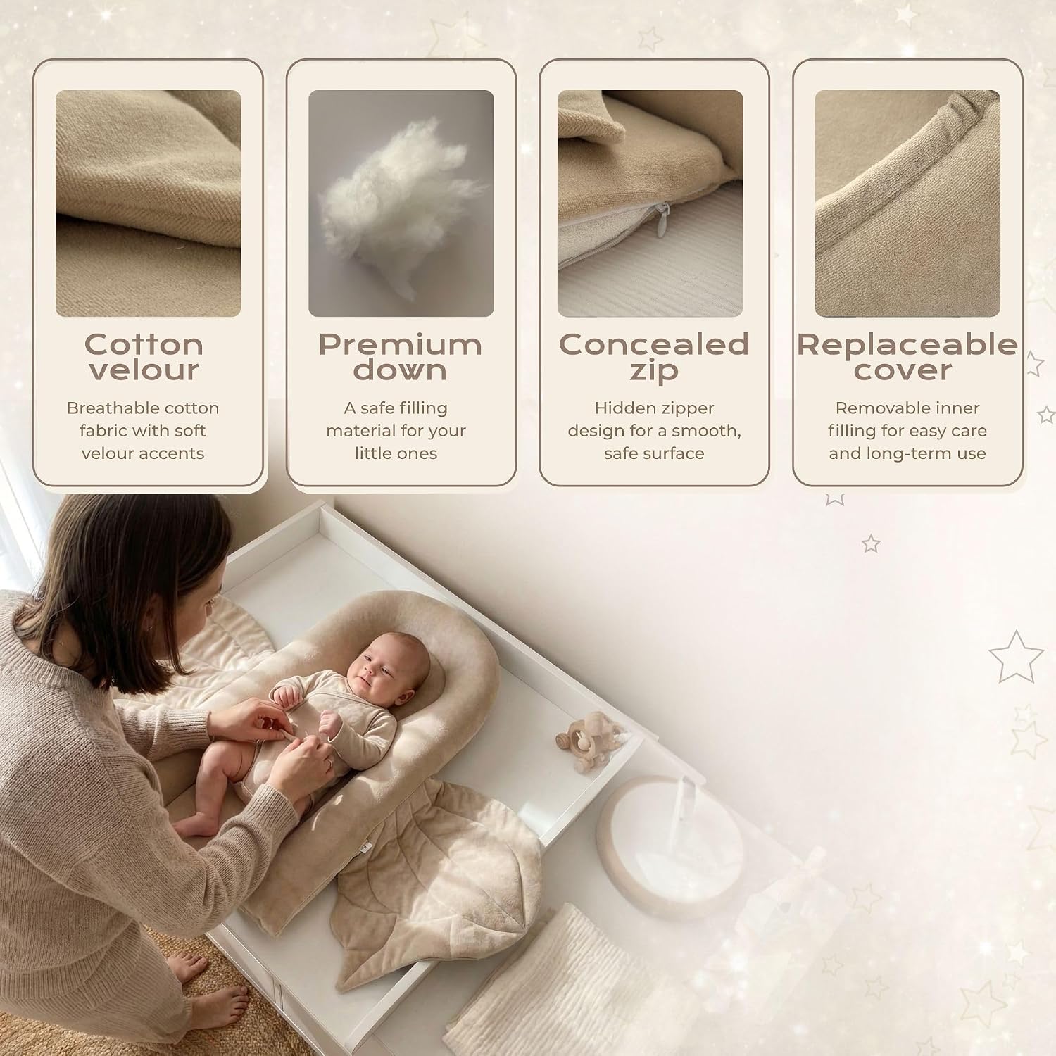 Handmade Baby Play Lounger – Soft Cotton Nest for Tummy Time, Diaper Changes & Play – Hypoallergenic Materials – Two Size Options (Beige, Mini)