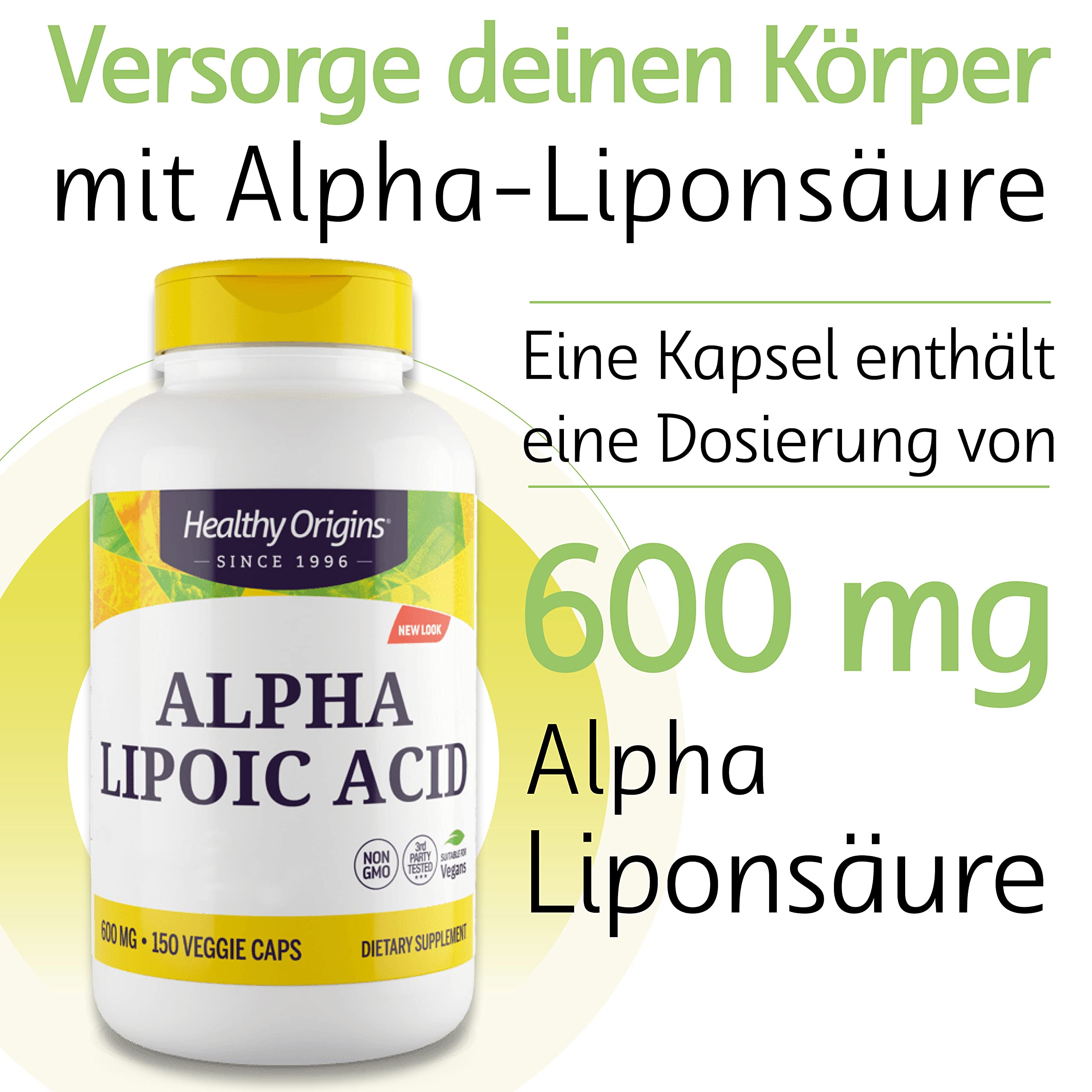 Healthy Origins, Alpha Lipoic Acid, 150 vegane Kapseln, 600mg Alpha-Liponsäure je Dosis, Glutenfrei, Sojafrei, GMO frei, Geschmacksneutral