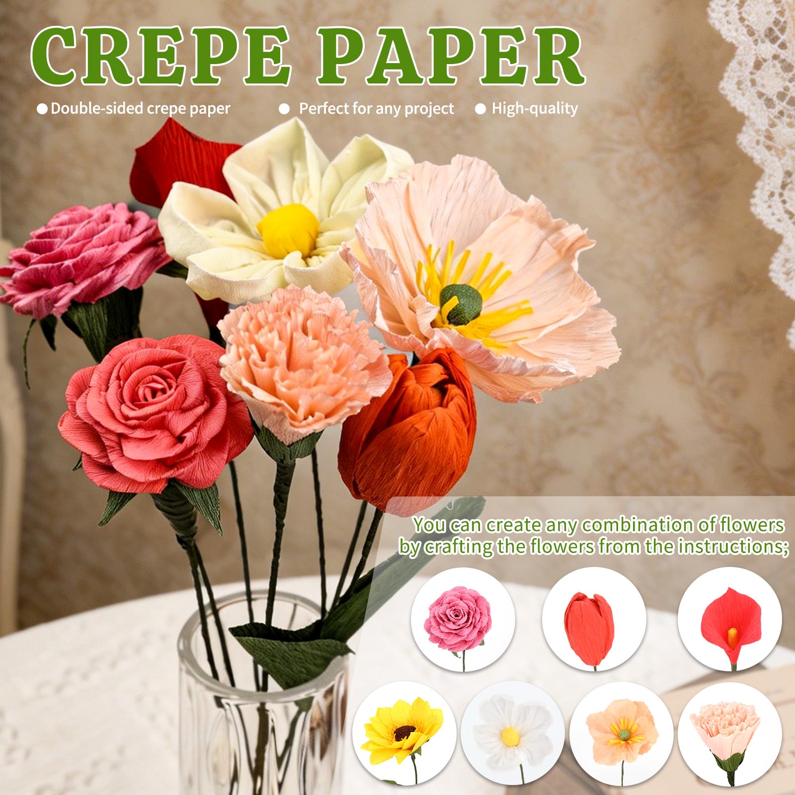 24 colori Crepe Paper Roll 10 X 98 pollici Papel Crepe Video Tutorial