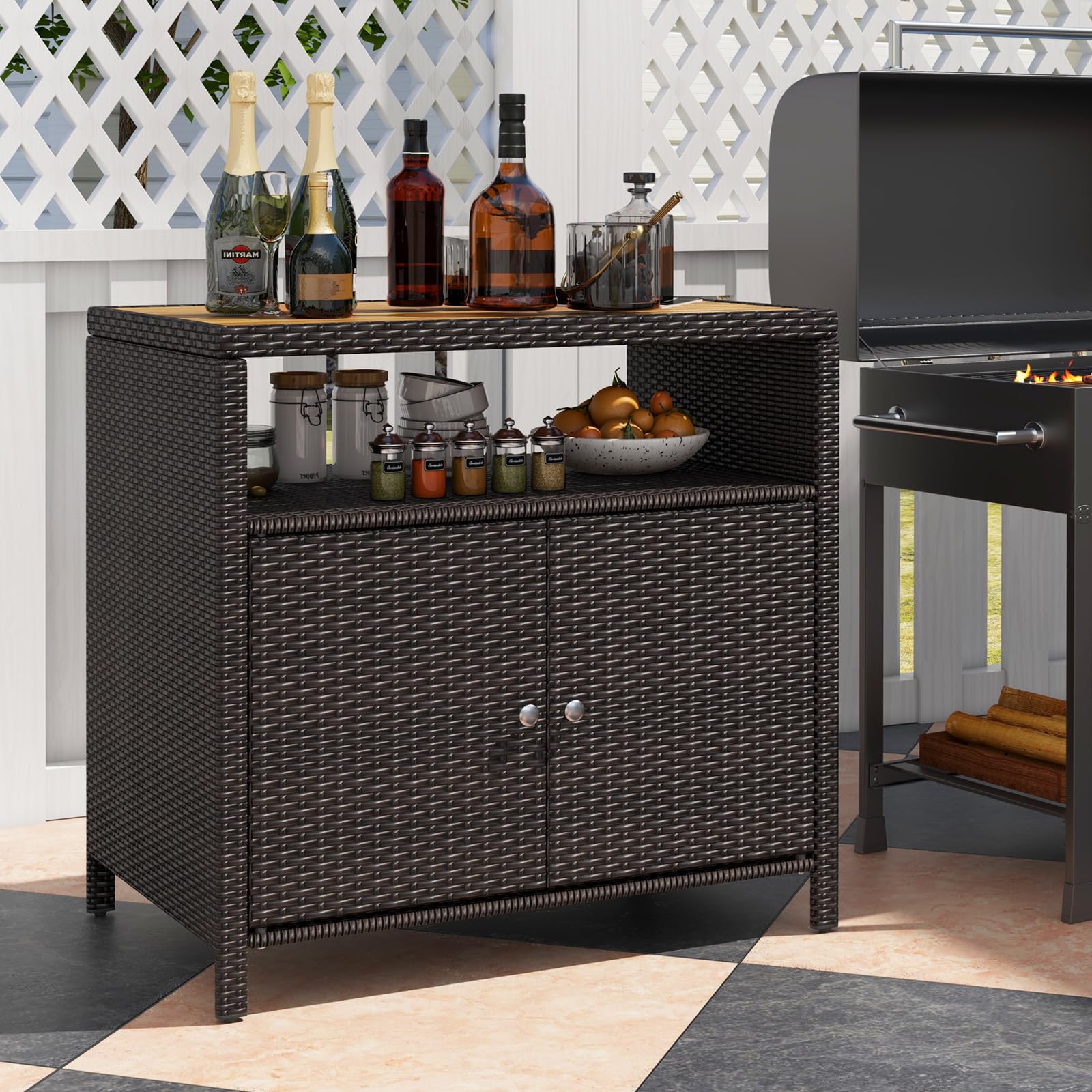 GIANTEX Armario de Jardín de Ratán, Armario Bajo de Almacenamiento con Tablero de Madera de Acacia, Armario Auxiliar para Jardín, Terraza, Balcón, 90 x 53 x 86 cm (Marrón)