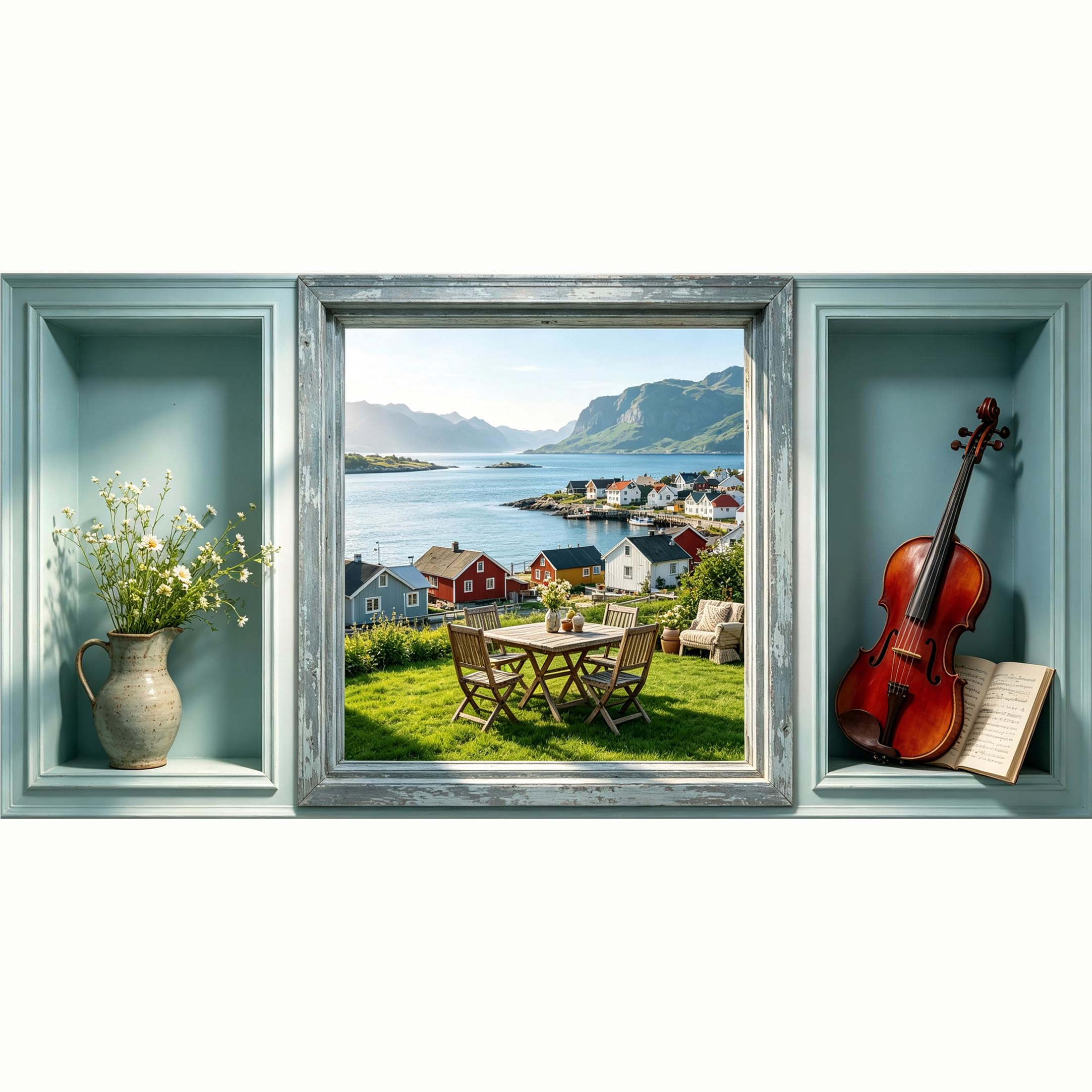 QZLITHOTIC 50x100cm 3D Framed Wall Art， Nordic Coastal Lake Village Landscape Self‑Adhesive Mural， Water‑Activated Peel & Stick Fabric Decor Wall Decal for Bedroom Living Room