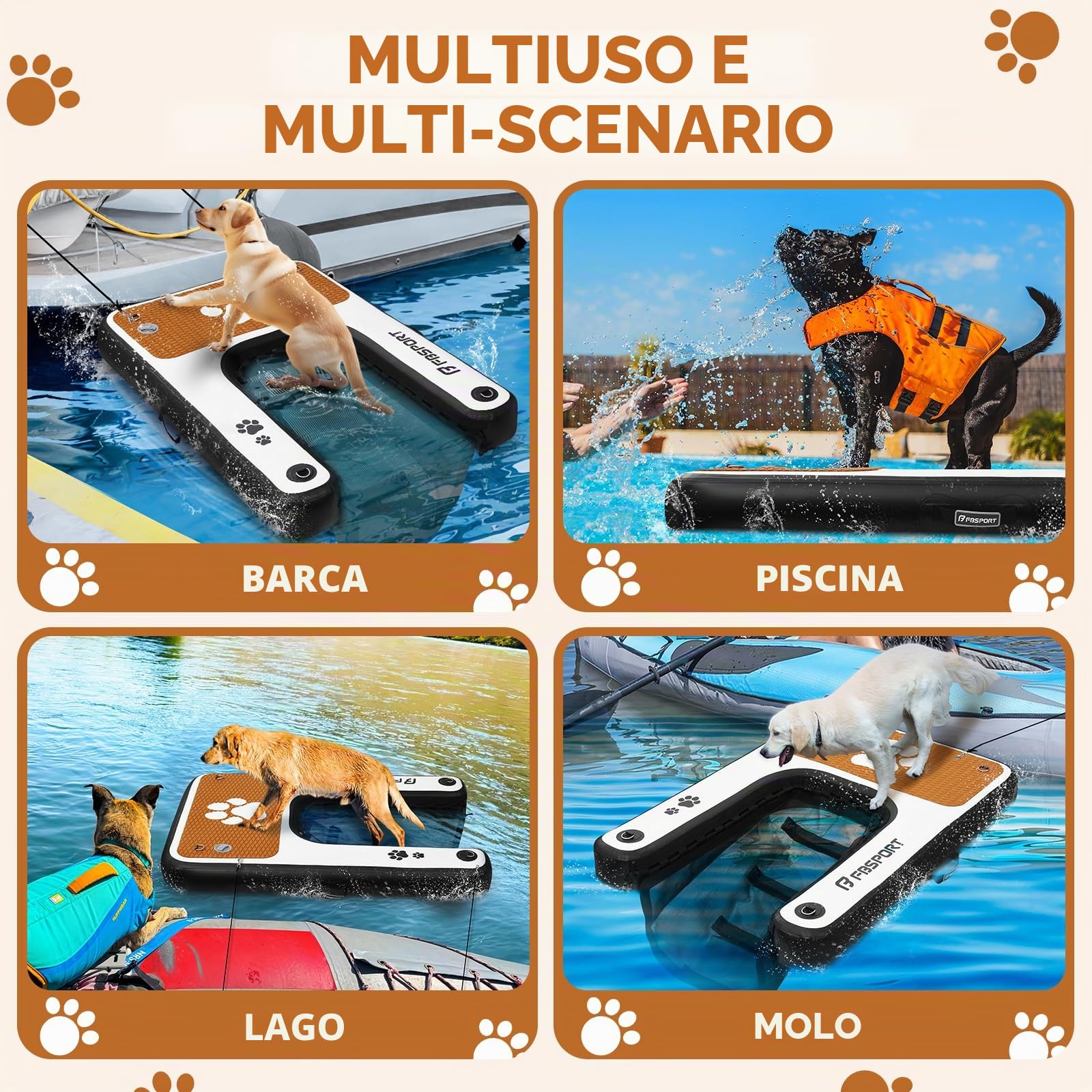 FBSPORT Piscina per cani gonfiabile, antiscivolo, in EVA, rampa d'acqua per lago galleggiante, scala sicura per cuccioli, fino a 90 kg, piattaforma facilmente accessibile, con borsa per il trasporto