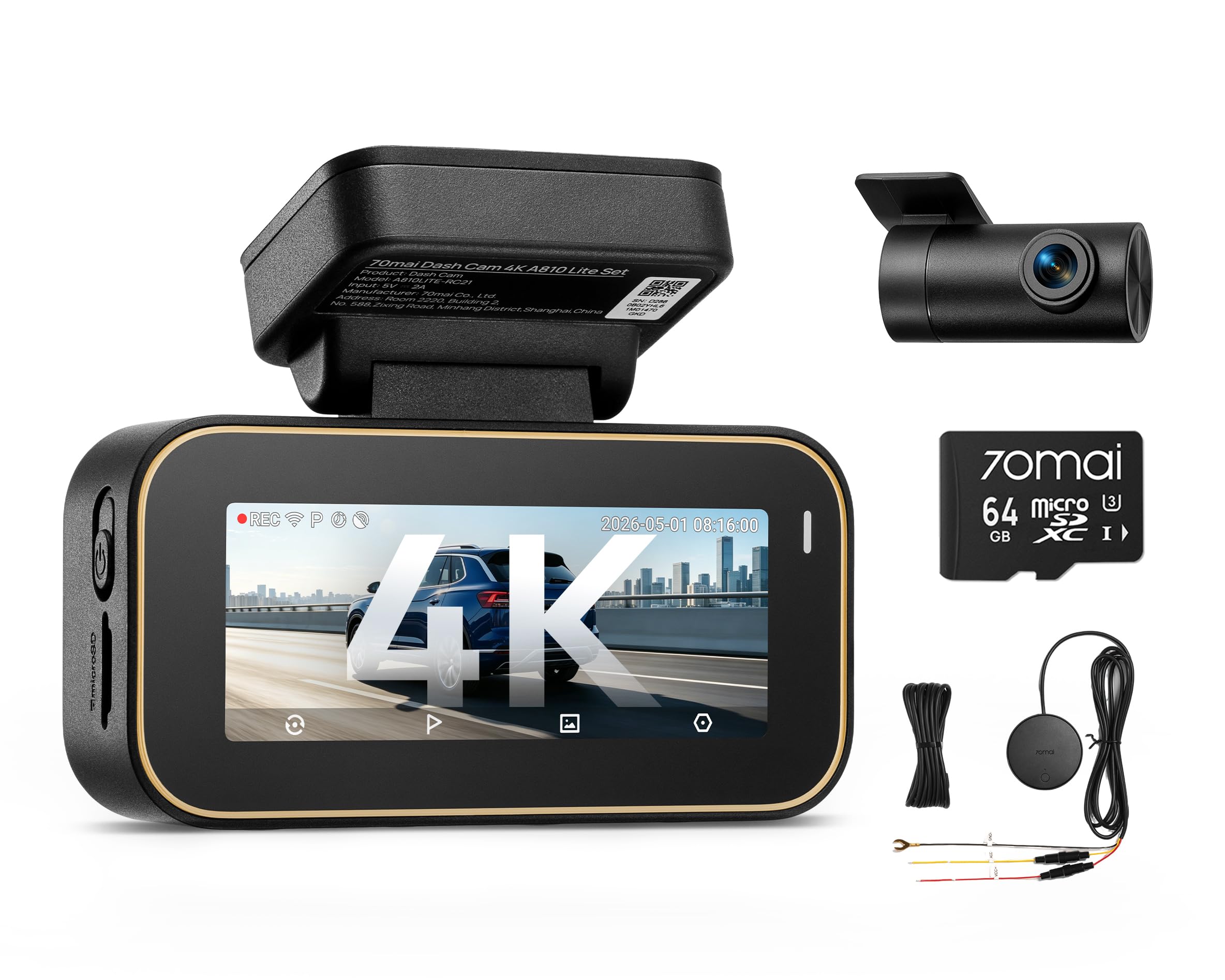 【70mai A810 Lite Dashcam + 64GB SD Karte + UP04】 70mai A810 Lite Dashcam, HDR Dual-Kanal Dash Cam, 2160P+1080P mit 64GB Karte, 24H Parküberwachung mit 4G LTE Fernzugriff