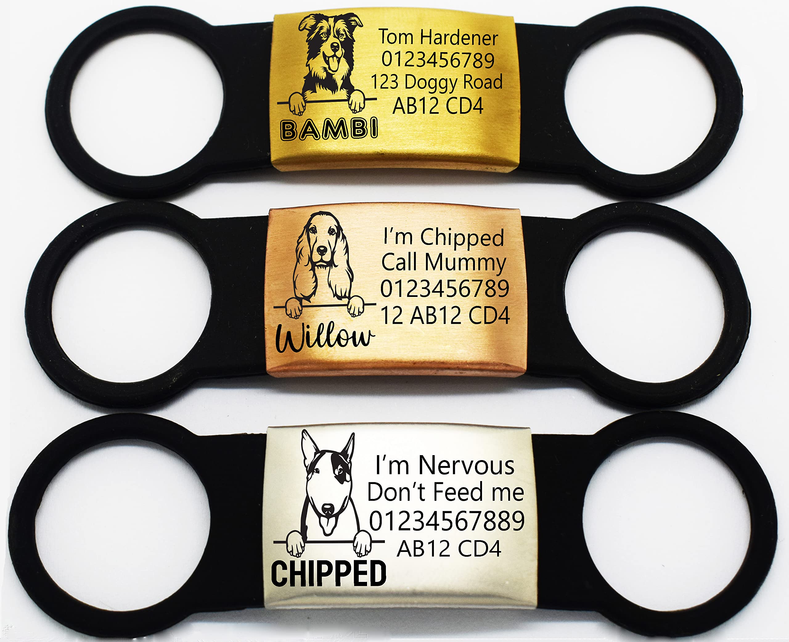 Slide ON Collar Steel with Elastic Silicone Band Dog Breed Engraving Rectangle ID Name Band DISC Personalised PET Dog CAT TAG-Laser Engraving (Silver)