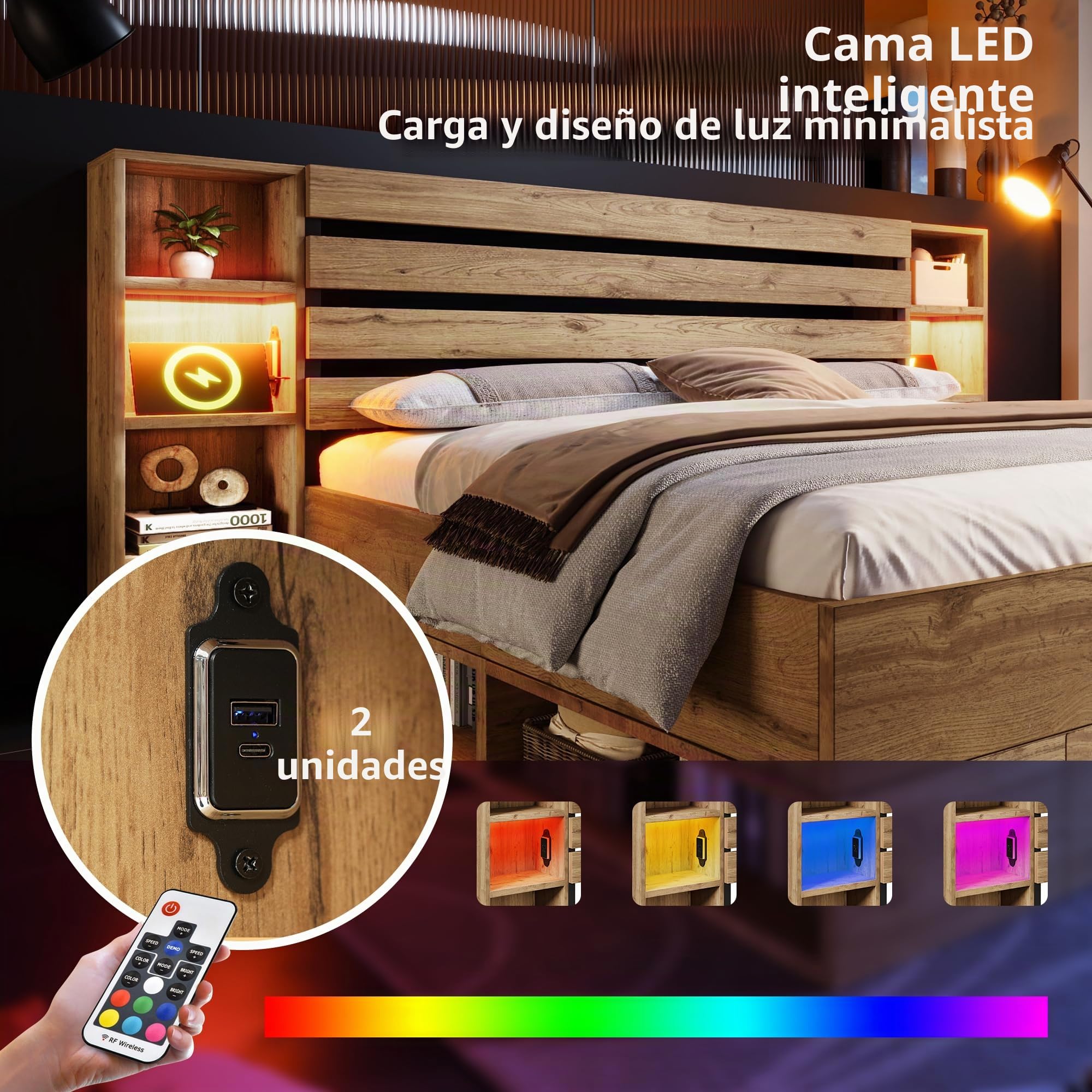 Lubvtti Cama Acolchada 160 × 200 cm con iluminación LED y USB & Type-C cabecera y cajones,Cama Matrimonio con contenedor,Cama Doble,Estructura Cama 160 x 200 cm con somier de láminas,Natural
