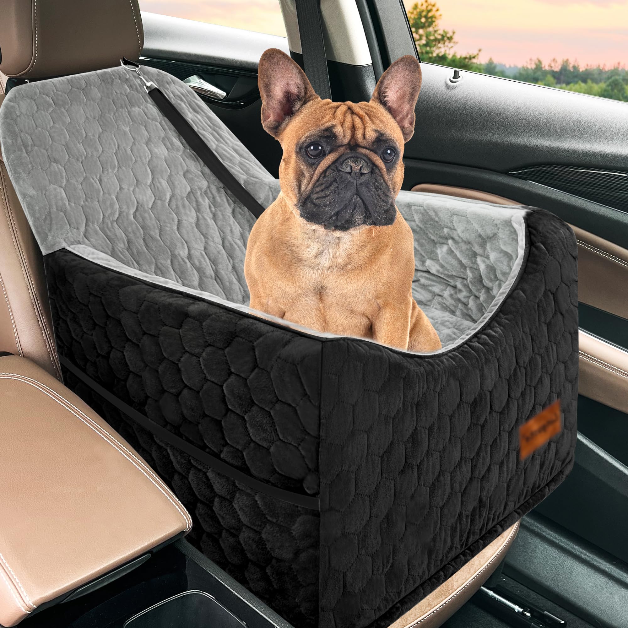 Dog Car Seat for Small Dogs, Memory Foam Dog Booster Seat, Elevated Pet Car Seat for Dogs up to 35 lbs, Travel Safety Dog Car Bed with Washable Removable Cover, Storage Pockets(GrayBlack)