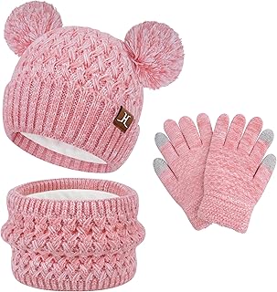 Niños Sombrero Invierno Bufanda Guantes Pantalla Táctil Set 2 3 4 5 6 7 Años Gorro Sombreros de Punto con Pompón Braga Cuello Guante Regalos para Niñas Niño