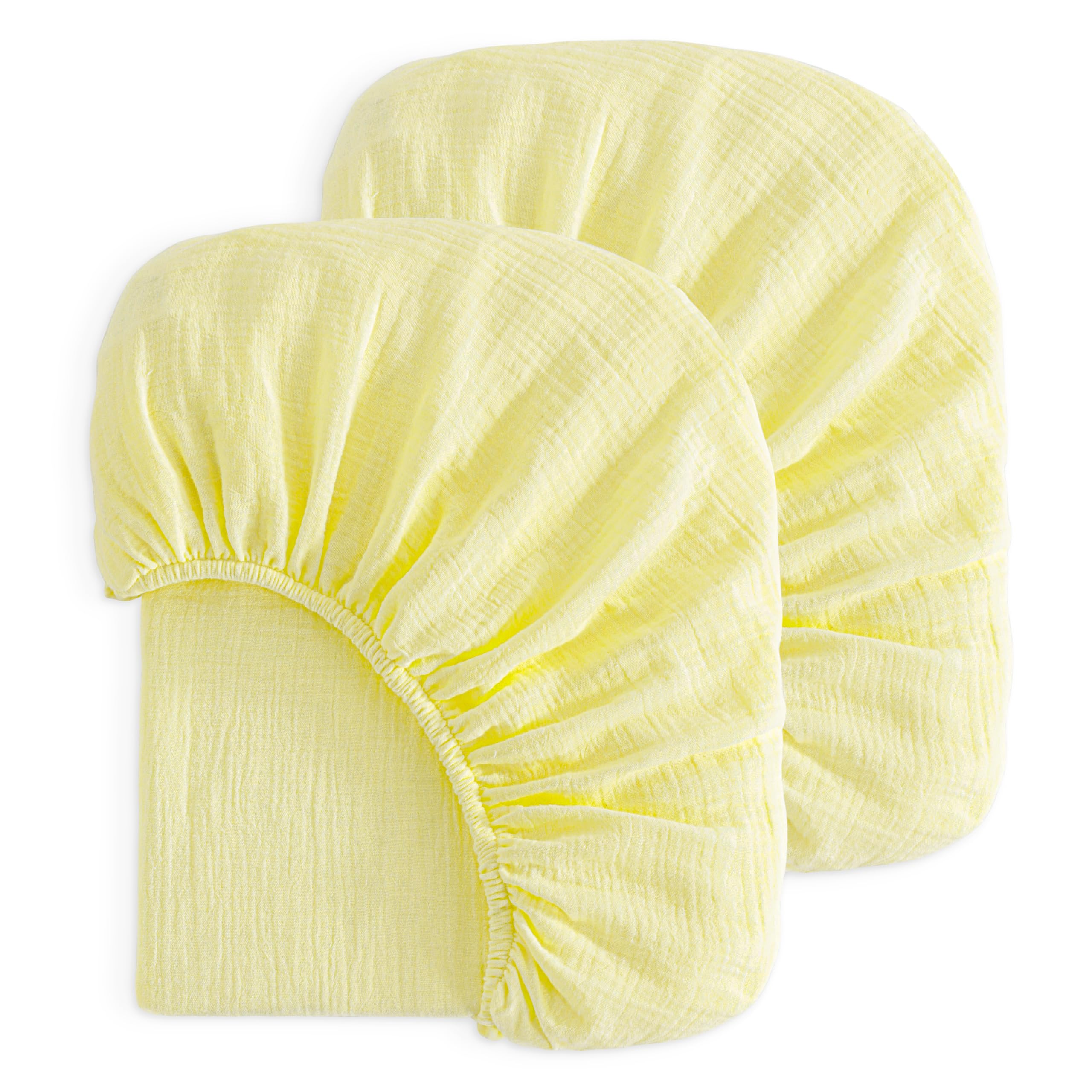 NTBAY Mini Crib Muslin Fitted Sheets, 2 Pack, 24 x 38, Light Yellow | Double-layer Muslin Cotton Sheets with Full Elastic for Compatible 24 x 38 Inch Mini Crib Mattresses, 2 Fitted Sheets