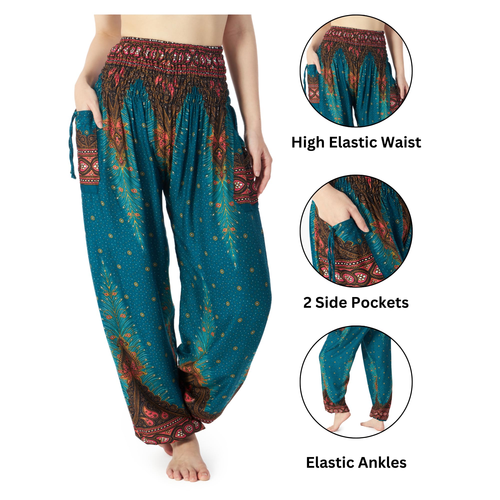 Lannaclothesdesign Damskie spodnie haremki do jogi boho z marszczoną talią ubrania hipisowskie