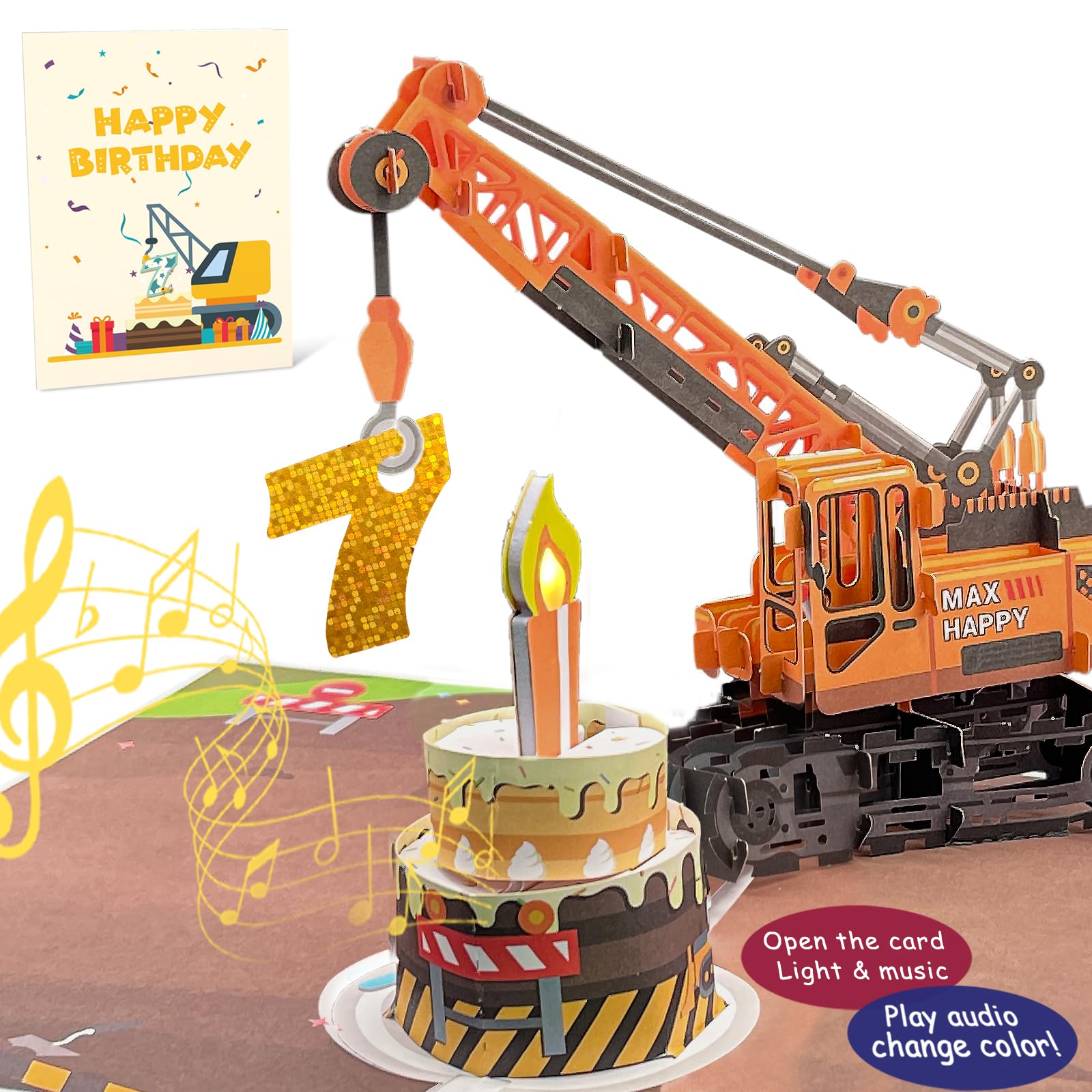 DTESL 3D Greeting Pop Up 7th Birthday Card with light and music, Crane Truck card For Boy, Nephew, Grandson, Son, Toddler, with Envelope, Message Card