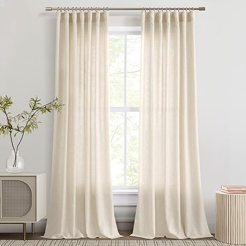 Joywell Cortinas de lino beige de 84 pulgadas de largo para sala de estar, 2 paneles plisados de arpillera de lino semitransparentes,