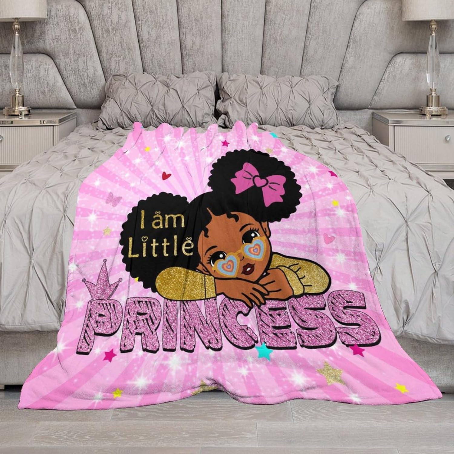 African Black Girl Blanket Cartoon Fantasy Pink Star Butterfly Princess Girl Print Blanket for Girls Kids Room Nursery Couch Sofa Bed Decorative Gifts 30x40