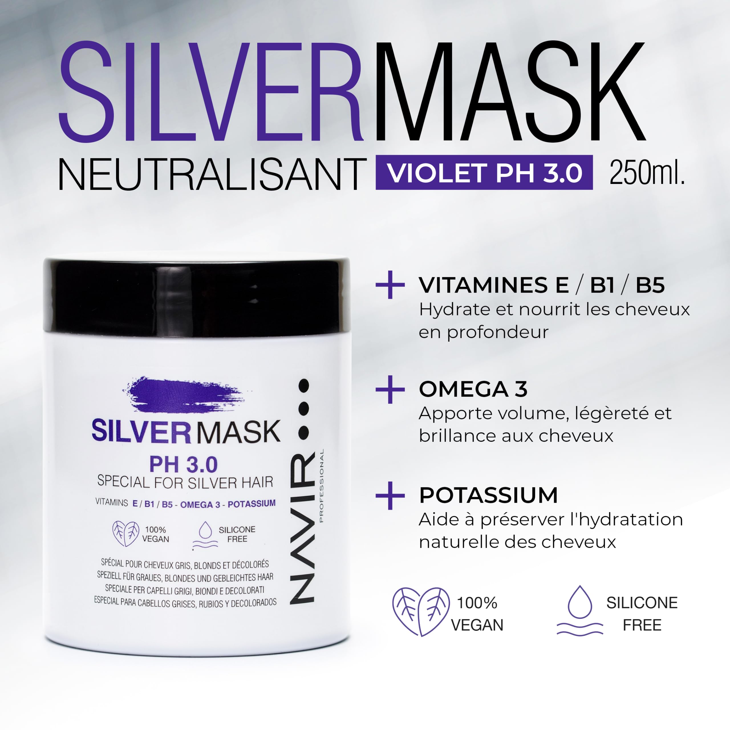 NAVIR Silver Traitement déjaunisseur professionnel pour cheveux blonds, décolorés, méchés, blancs et gris | Shampooing 300 ml + Masque 250 ml