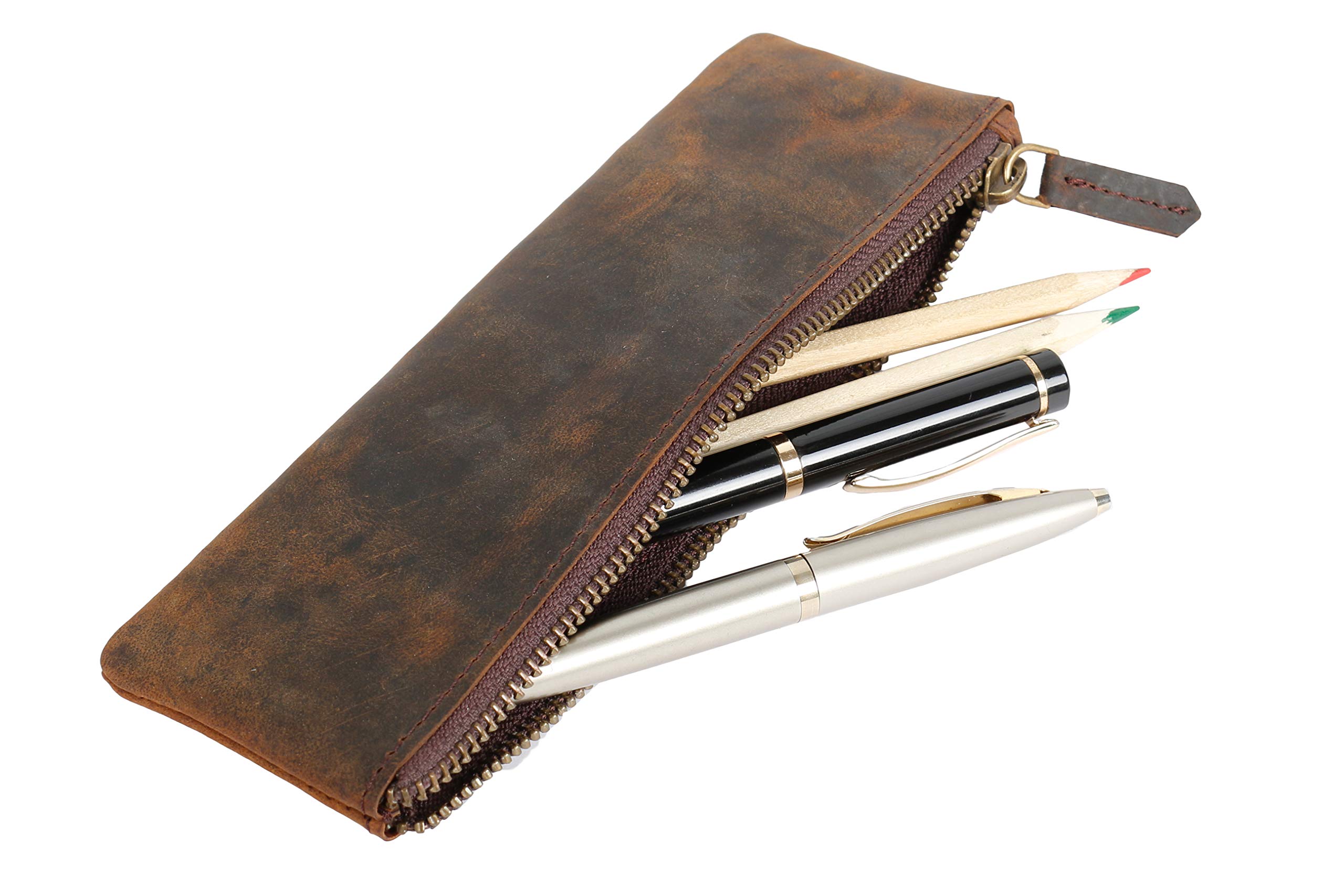 JYOS Leather Pen Pencil Case, Zip Pouch, Accessories holder, Stationery Bag, Classic Handmade Design (Vintage Brown)