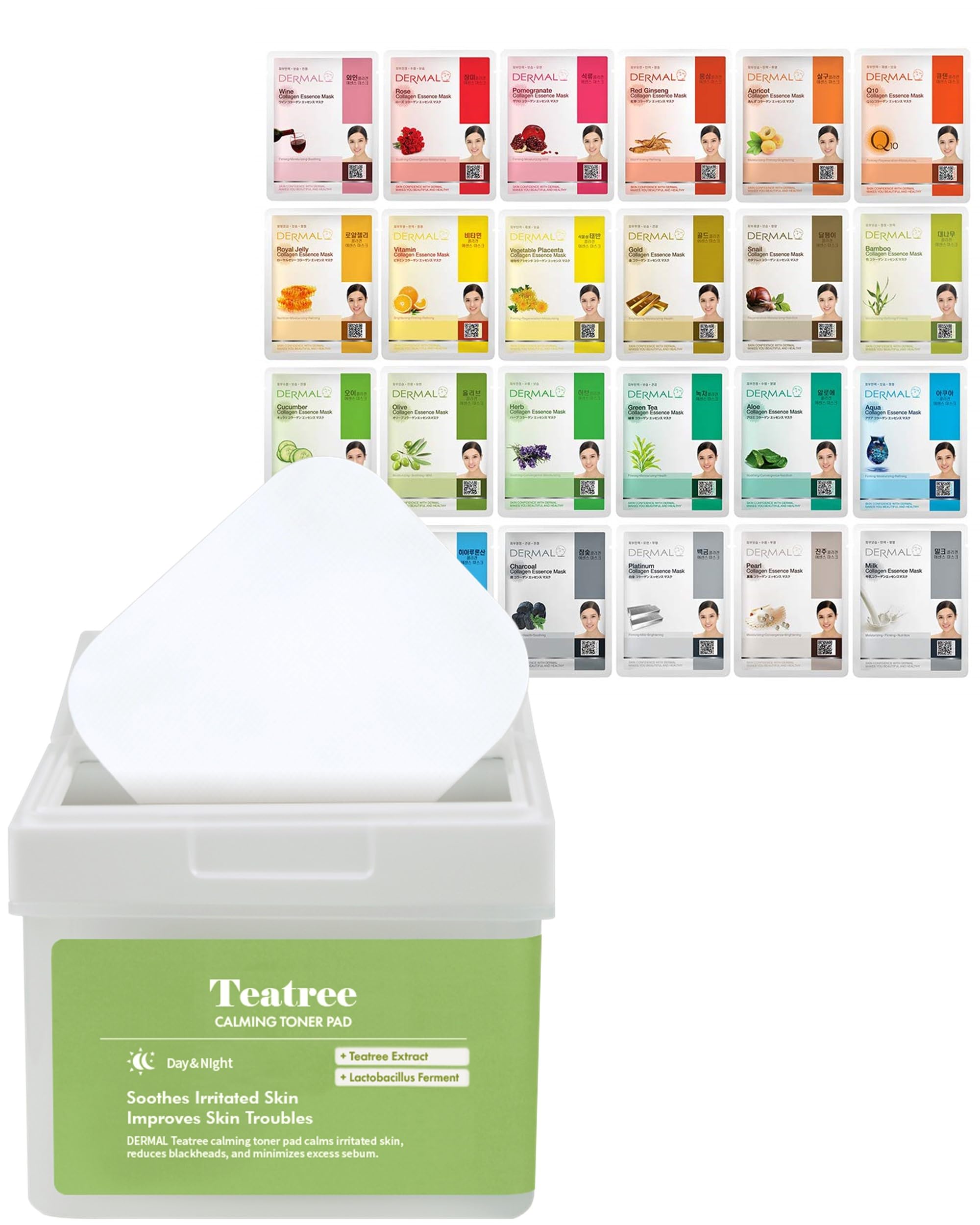 DERMAL24 Combo Pack A Collagen Essence Korean Face Mask & Teatree Calming Toner Pads Bundle