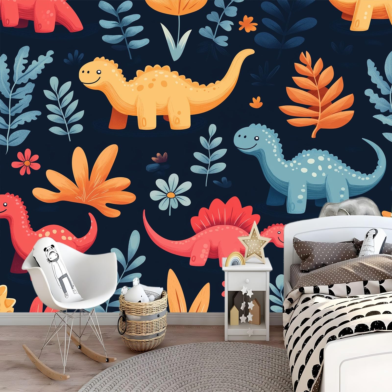 Figurki z kreskówek, dinozaury, rośliny, kwiaty, sztuka, fototapeta, 250 x 175 cm, efekt 3D, obraz ścienny, tapeta ścienna, nowoczesna tapeta ścienna, do salonu, na ścianę, mural, pokój dziecięcy, tło