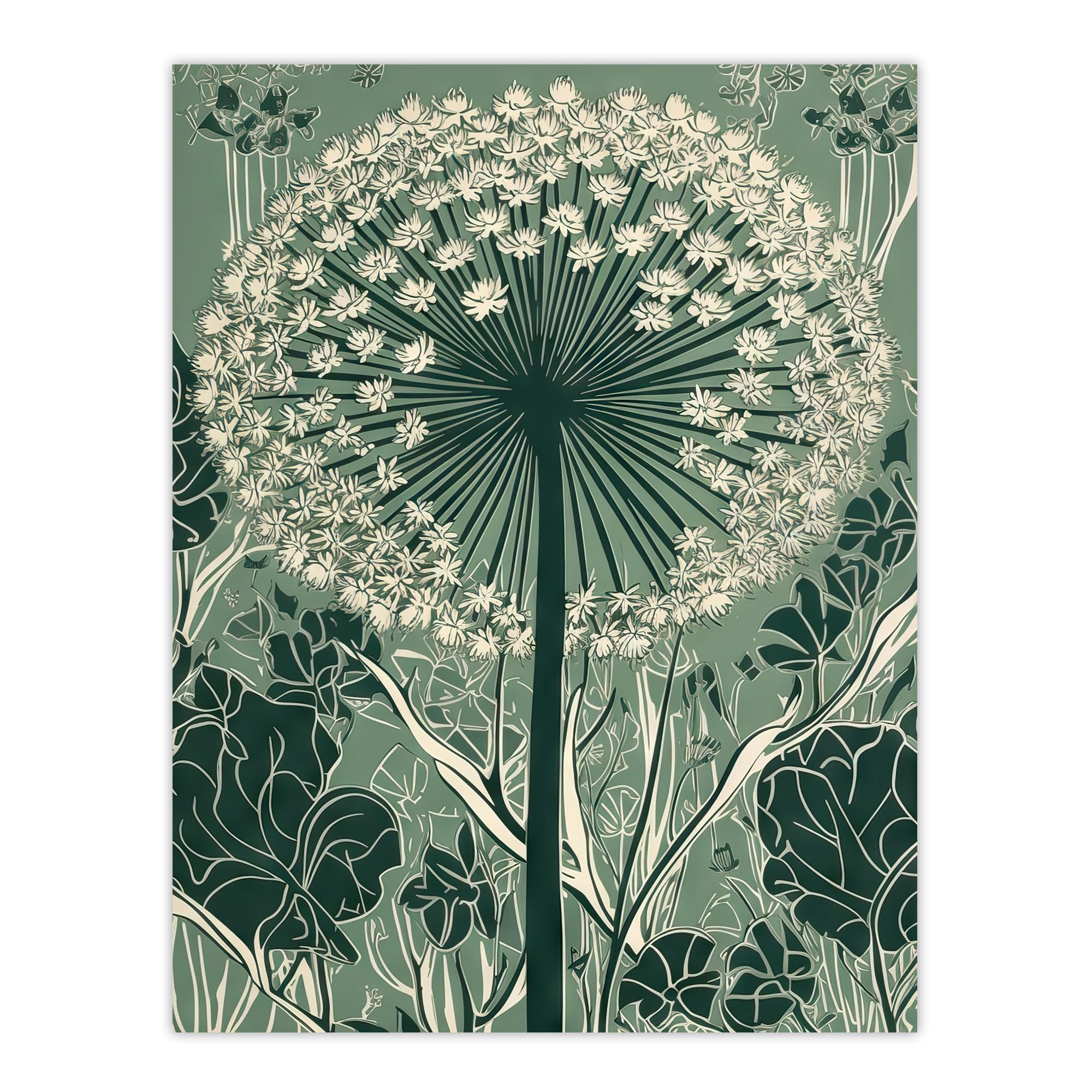 Allium Flower Wall Art Print - Modern Painting Green White Florets Spring Bloom Wildflower Poster W24xH32 inch
