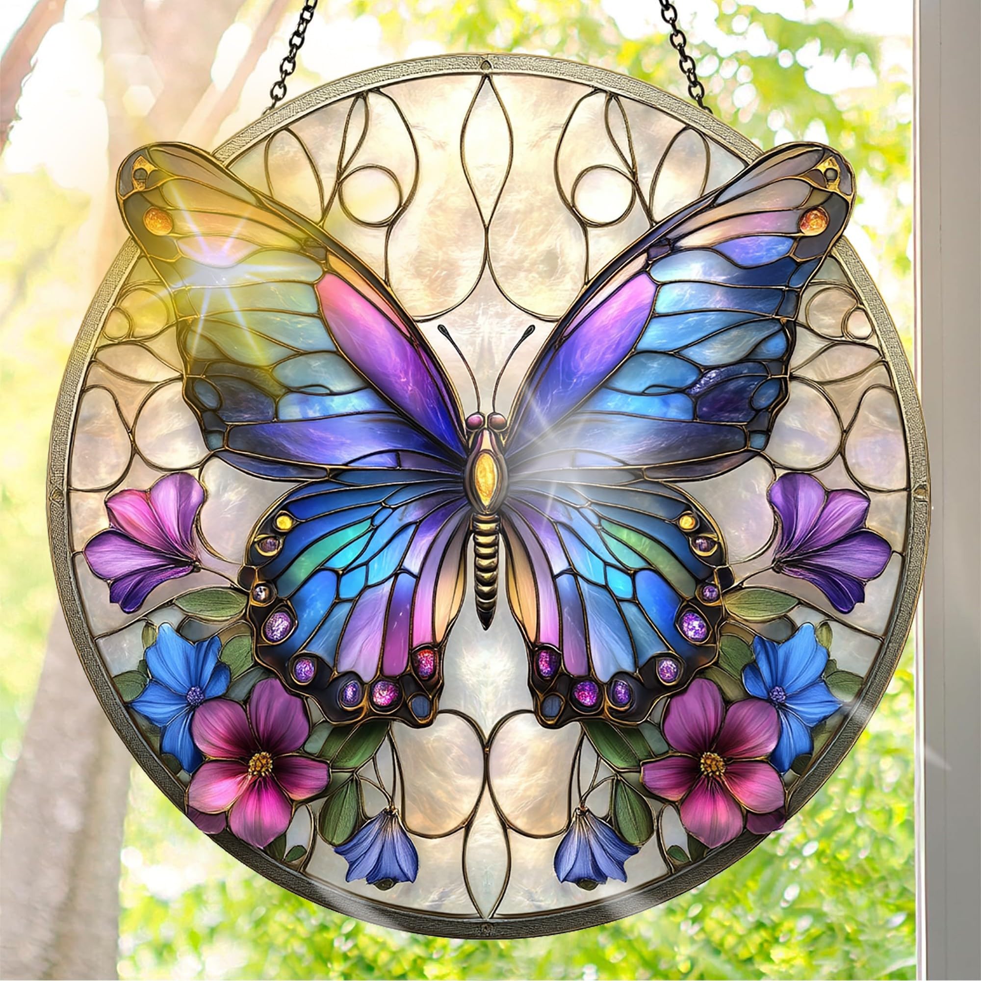 Colorful Acrylic Suncatcher, Butterfly Hanging Window Decor with Printed Stained Glass Style Design Sun Catcher, Rainbow Maker Wall Art, Gift Idea & Garden Ornament Indoor Outdoor Use 7.8 x 7.8 inch