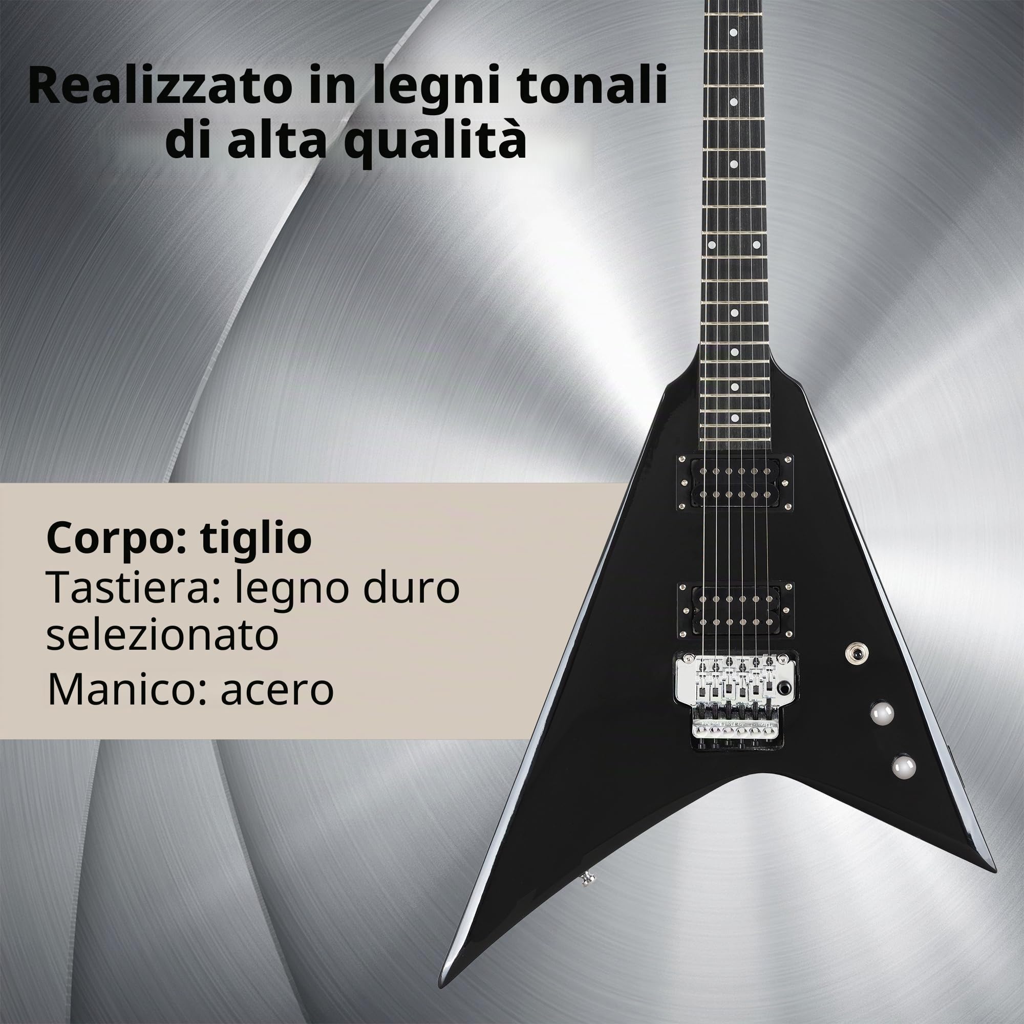 Rocktile MG-3013 Blade Chitarra Elettrica - Serie Heavy a 6 corde con corpo in tiglio, manico in acero, 2 Humbucker, FR-Style Tremolo, 22 tasti, scala 25,5" Mensur, cavo e accessori - Black